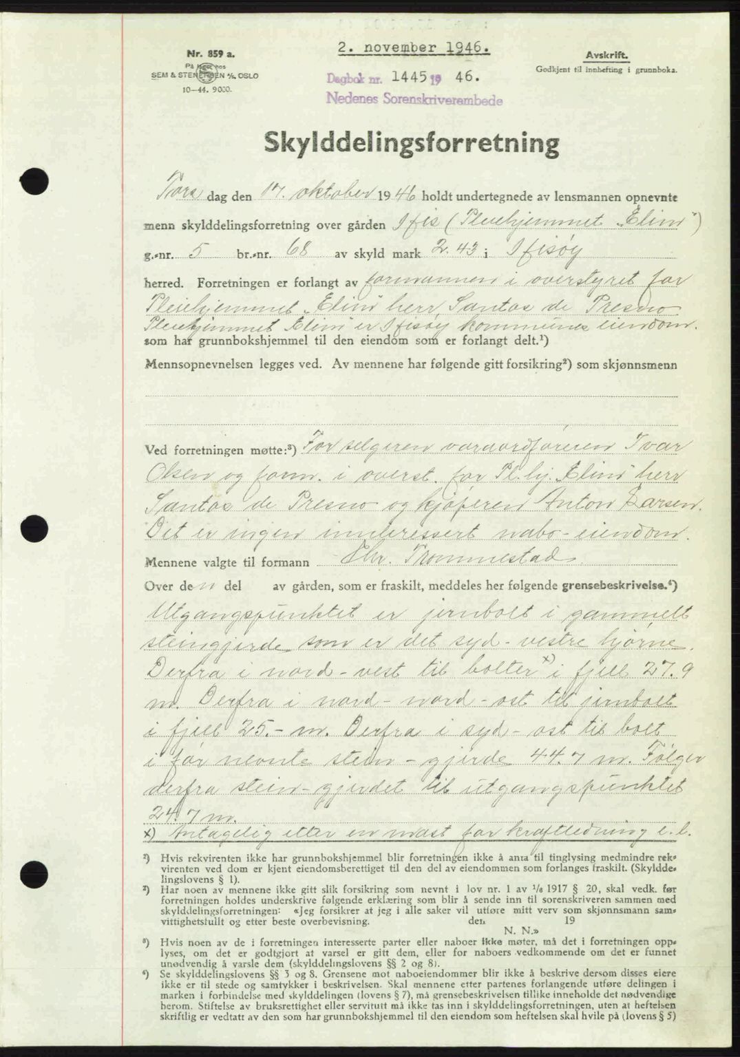 Nedenes sorenskriveri, SAK/1221-0006/G/Gb/Gba/L0056: Mortgage book no. A8, 1946-1947, Diary no: : 1445/1946