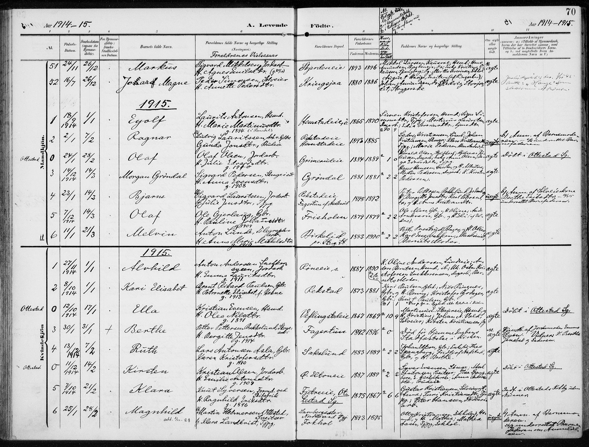 Stange prestekontor, SAH/PREST-002/K/L0024: Parish register (official) no. 24, 1906-1922, p. 70