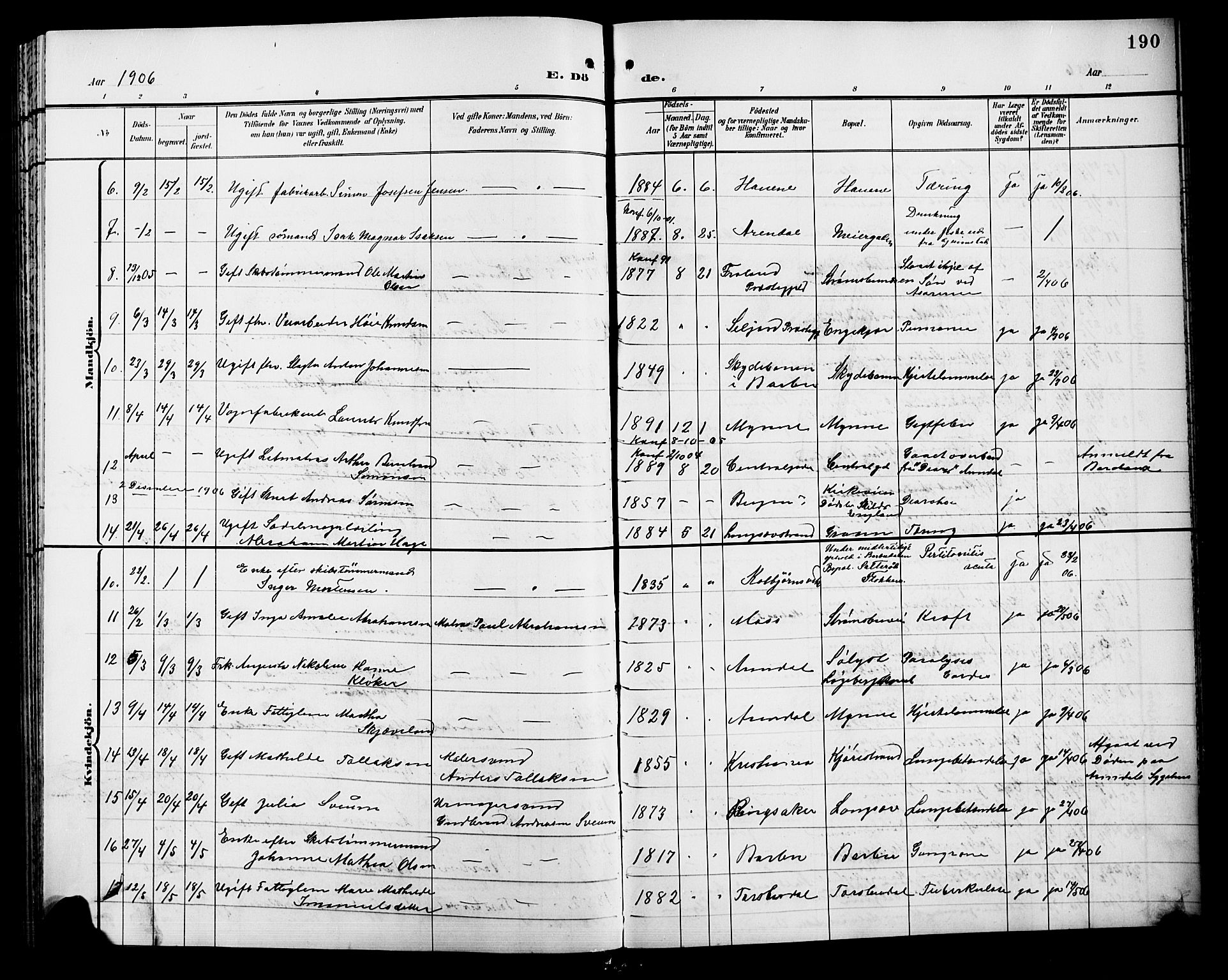 Barbu sokneprestkontor, AV/SAK-1111-0003/F/Fb/L0003: Parish register (copy) no. B 3, 1897-1911, p. 190