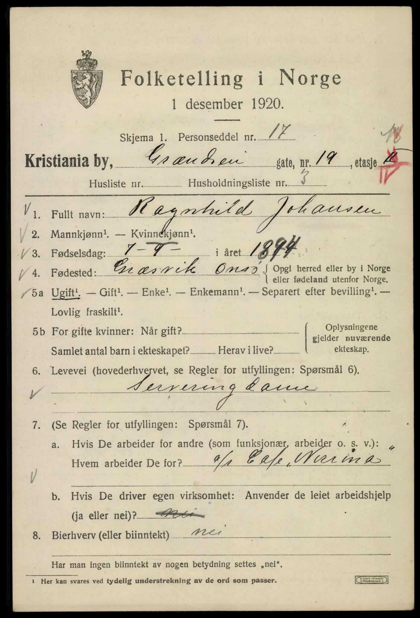 SAO, 1920 census for Kristiania, 1920, p. 254583