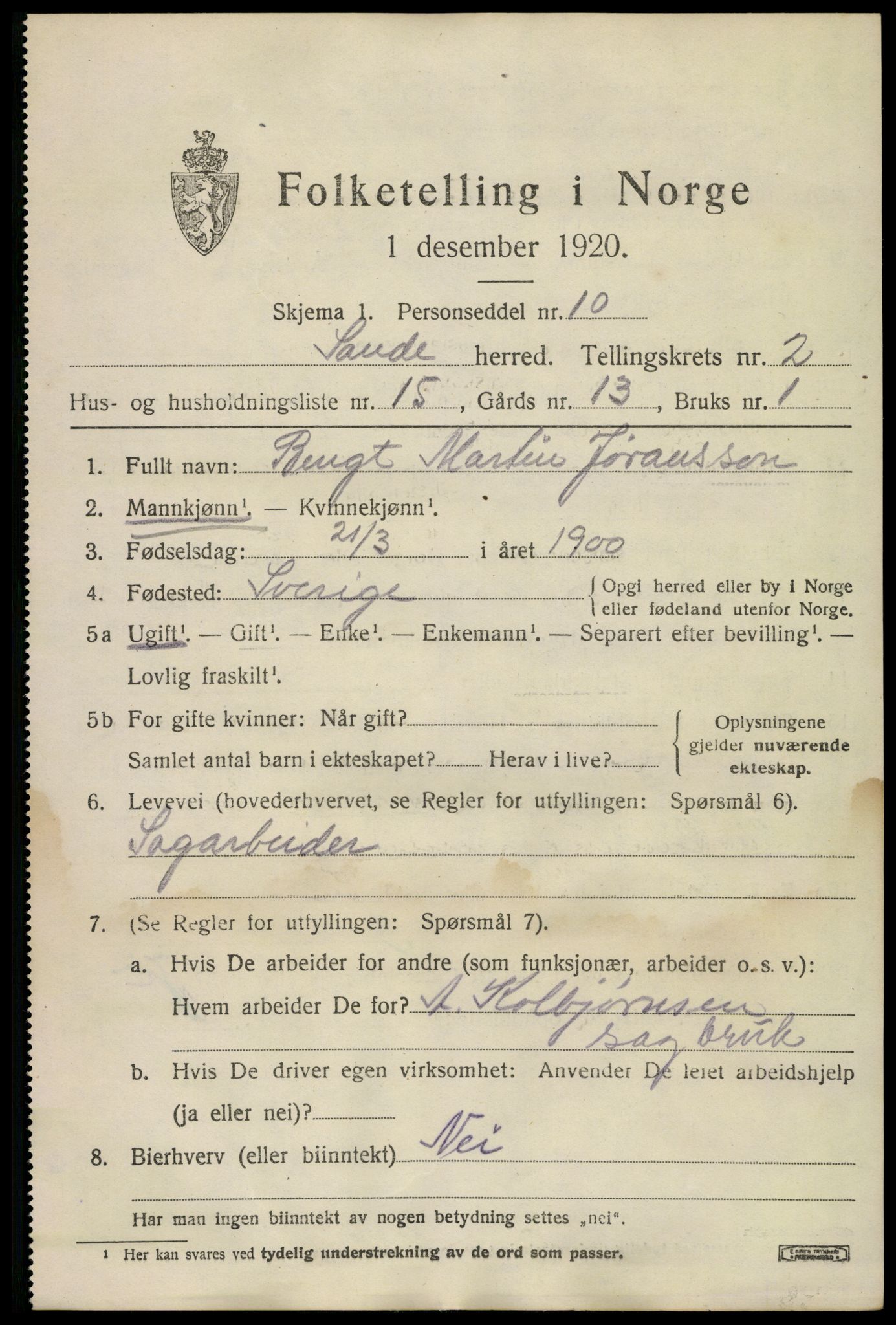 SAKO, 1920 census for Sande, 1920, p. 2348