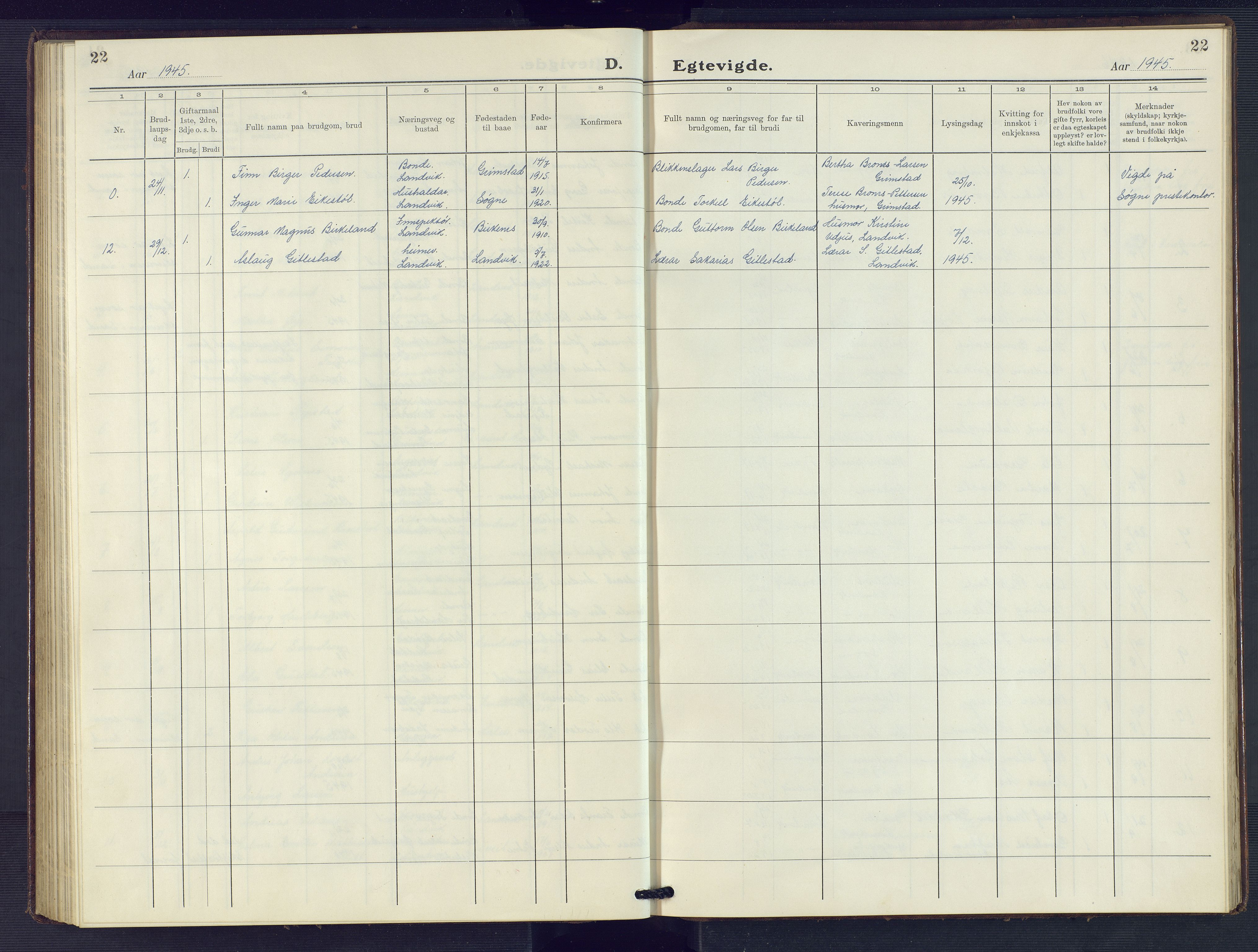 Hommedal sokneprestkontor, SAK/1111-0023/F/Fb/Fbb/L0009: Parish register (copy) no. B 9, 1929-1953, p. 22