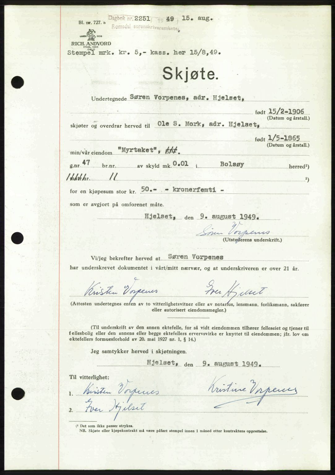 Romsdal sorenskriveri, AV/SAT-A-4149/1/2/2C: Mortgage book no. A30, 1949-1949, Diary no: : 2251/1949