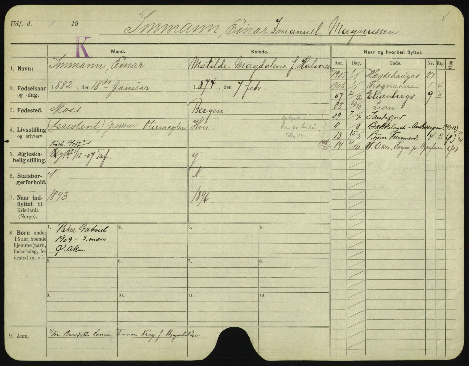 Oslo folkeregister, Registerkort, AV/SAO-A-11715/F/Fa/Fac/L0005: Menn, 1906-1914, p. 11a