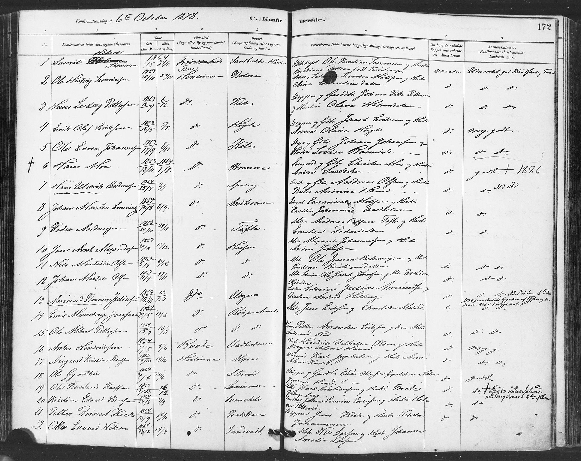 Hvaler prestekontor Kirkebøker, AV/SAO-A-2001/F/Fa/L0008: Parish register (official) no. I 8, 1878-1895, p. 172