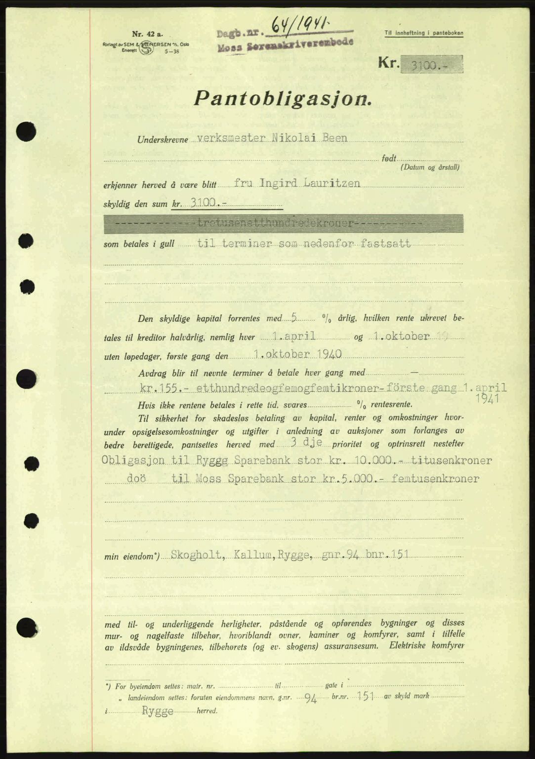 Moss sorenskriveri, SAO/A-10168: Mortgage book no. B10, 1940-1941, Diary no: : 64/1941