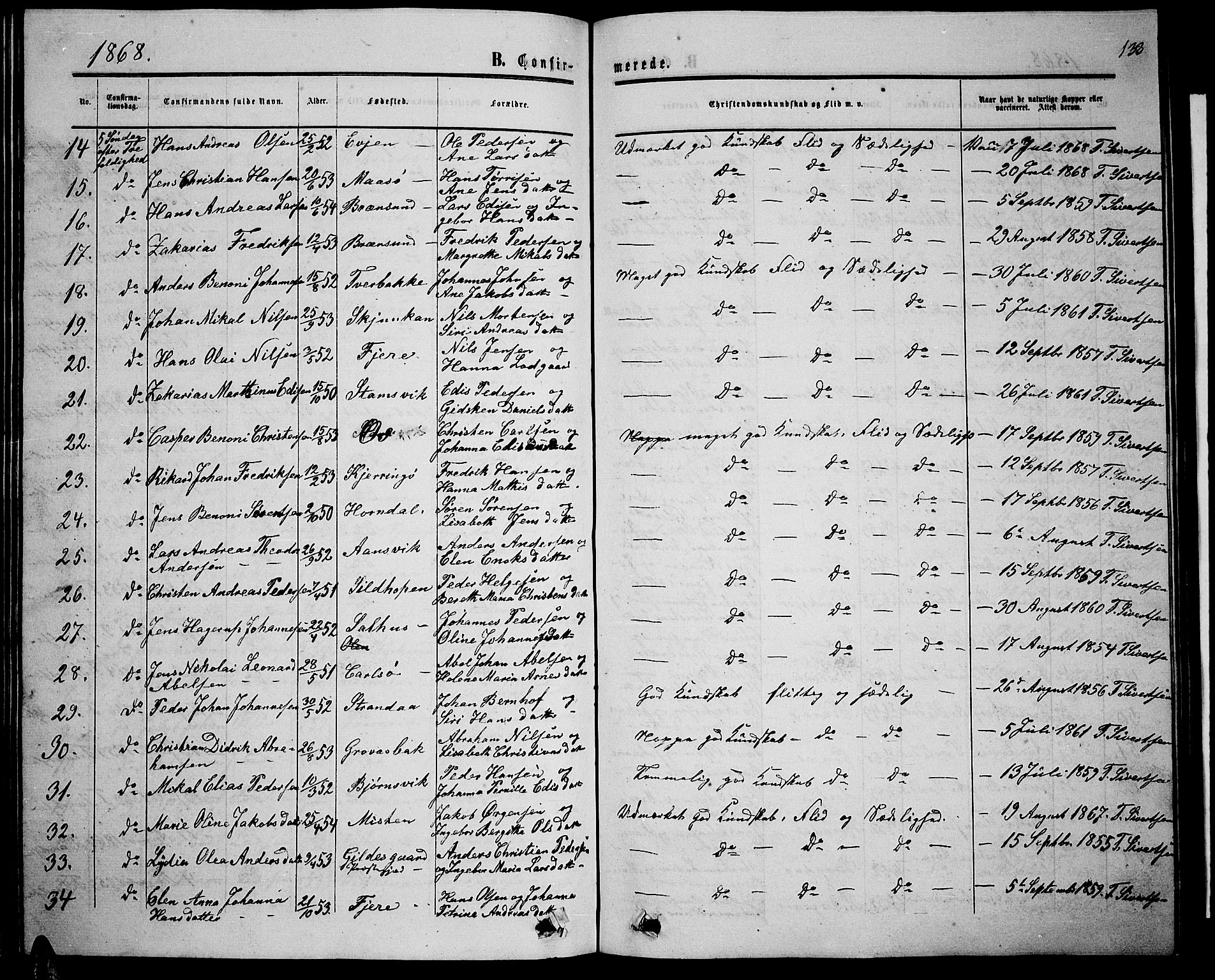 Ministerialprotokoller, klokkerbøker og fødselsregistre - Nordland, AV/SAT-A-1459/853/L0775: Parish register (copy) no. 853C03, 1859-1877, p. 133