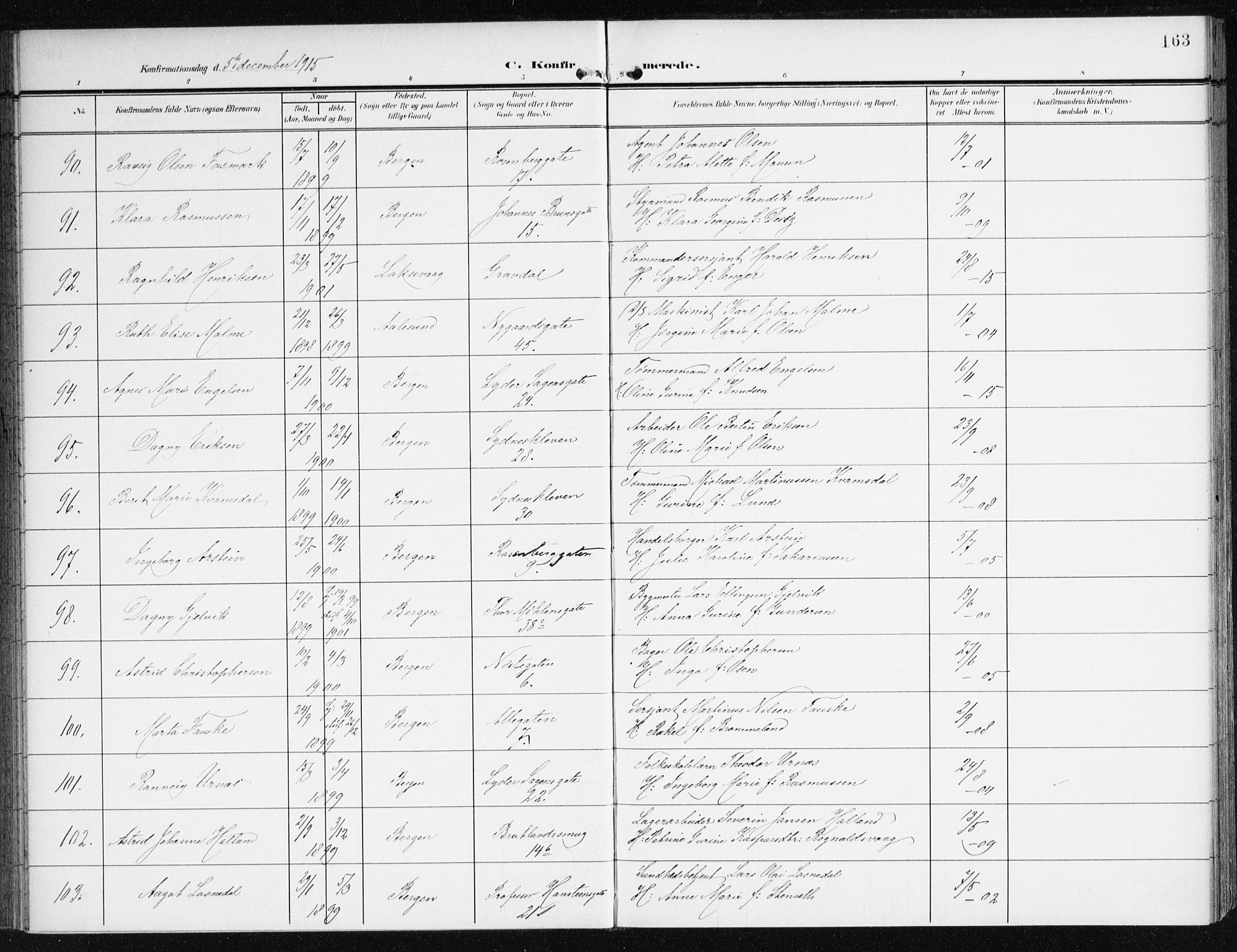 Johanneskirken sokneprestembete, AV/SAB-A-76001/H/Haa/L0009: Parish register (official) no. C 2, 1907-1924, p. 163