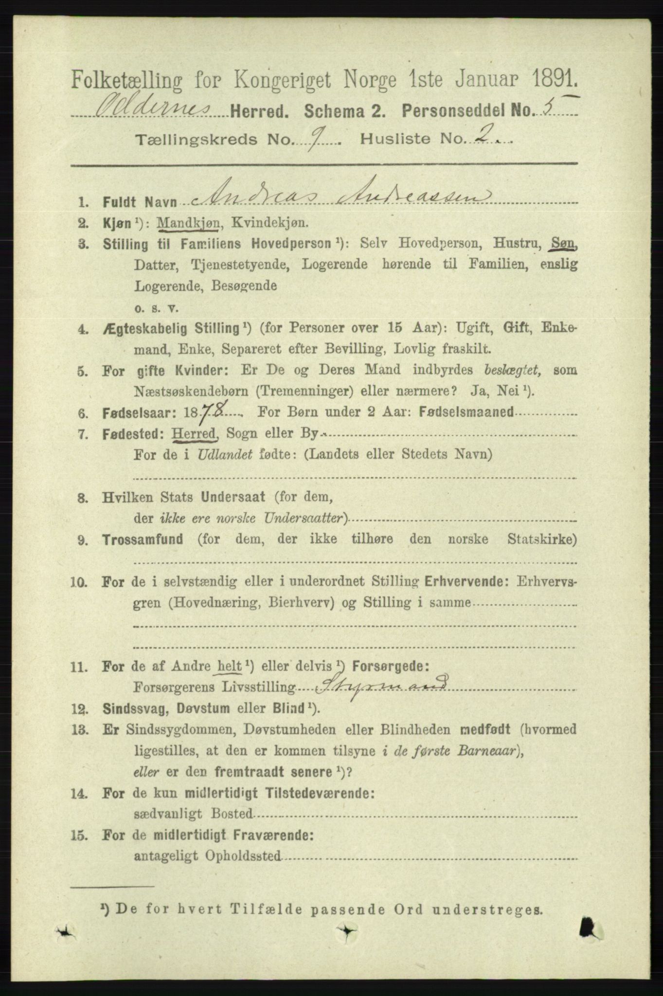 RA, 1891 census for 1012 Oddernes, 1891, p. 3272