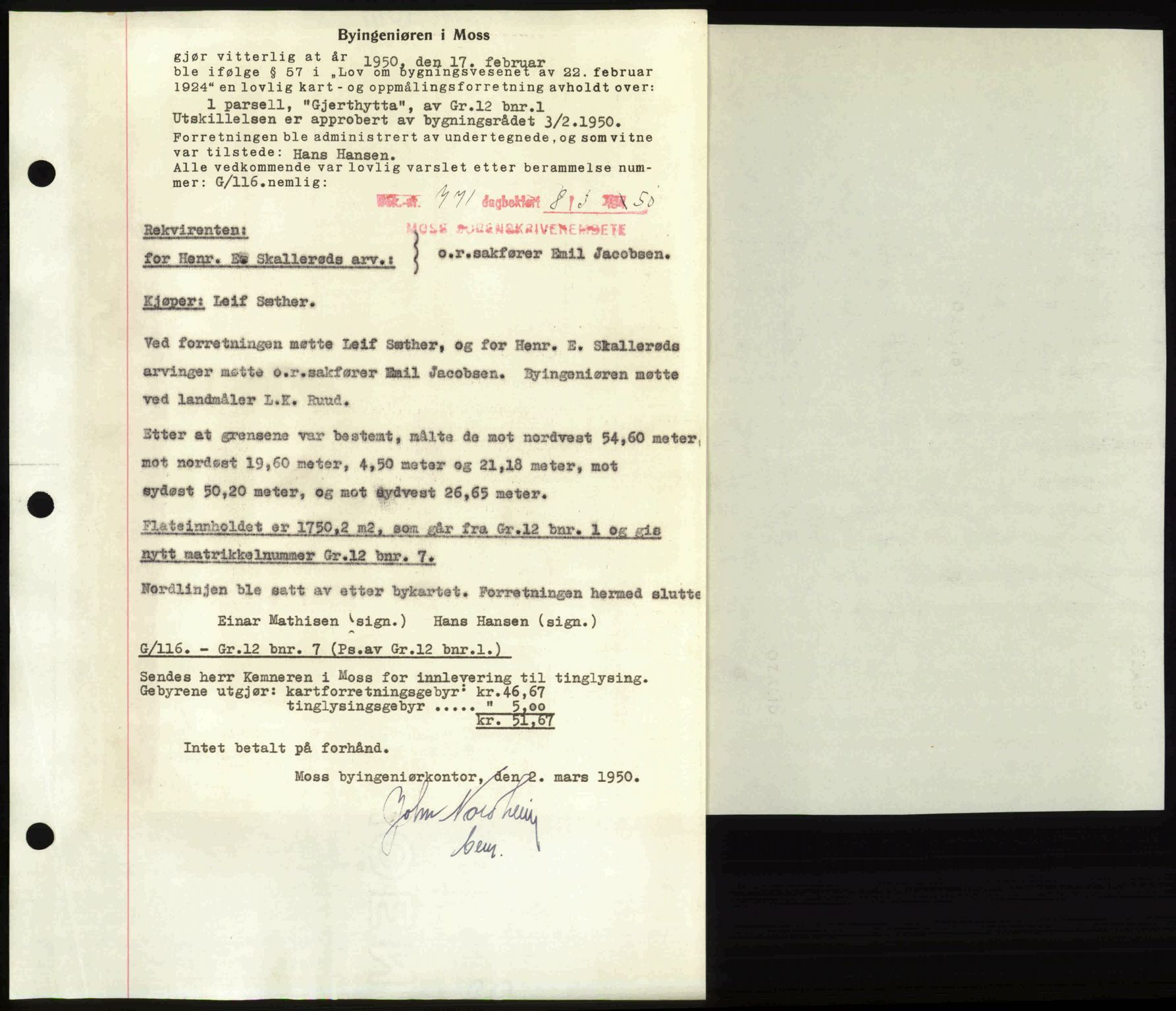 Moss sorenskriveri, SAO/A-10168: Mortgage book no. A25, 1950-1950, Diary no: : 771/1950