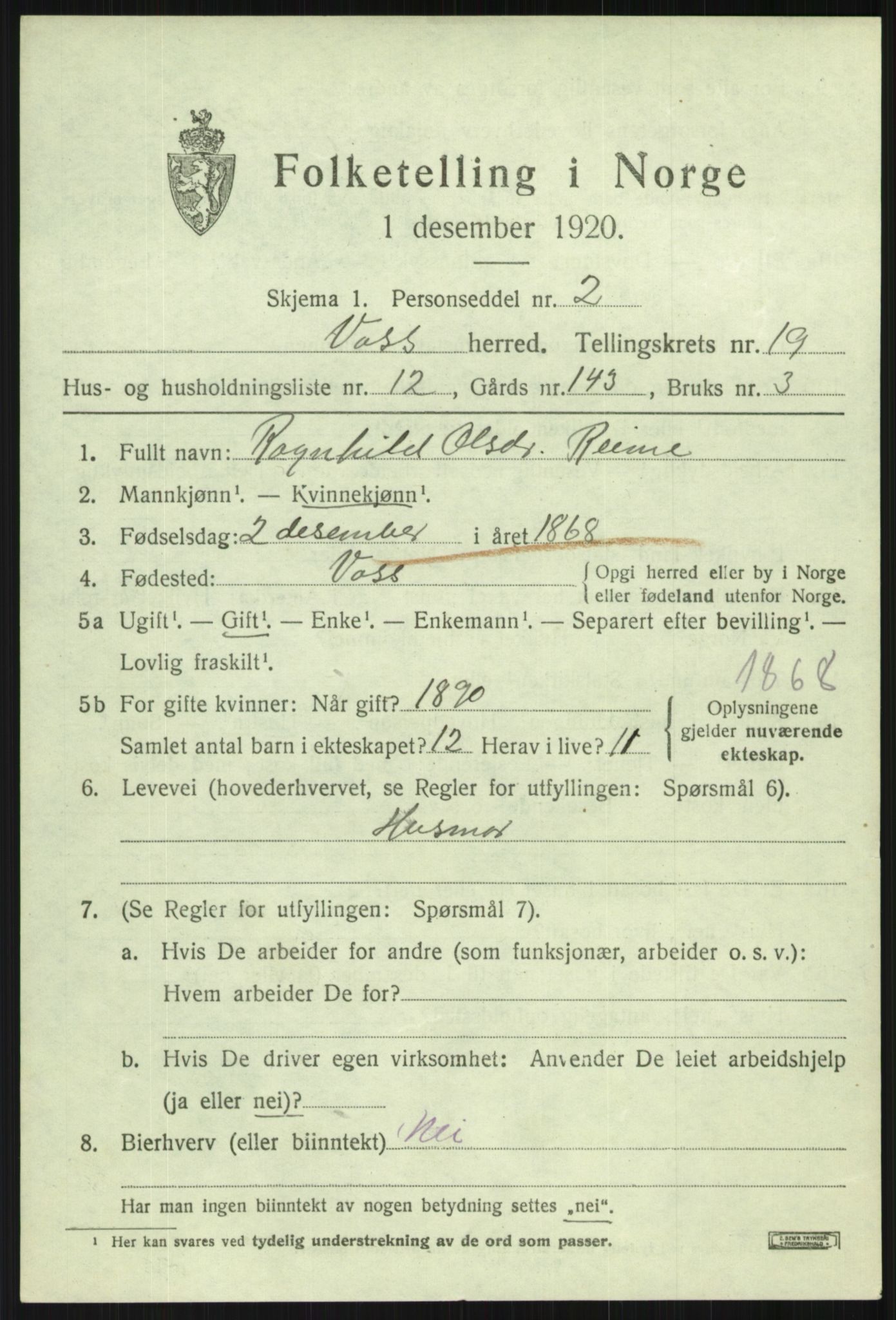 SAB, 1920 census for Voss, 1920, p. 14565