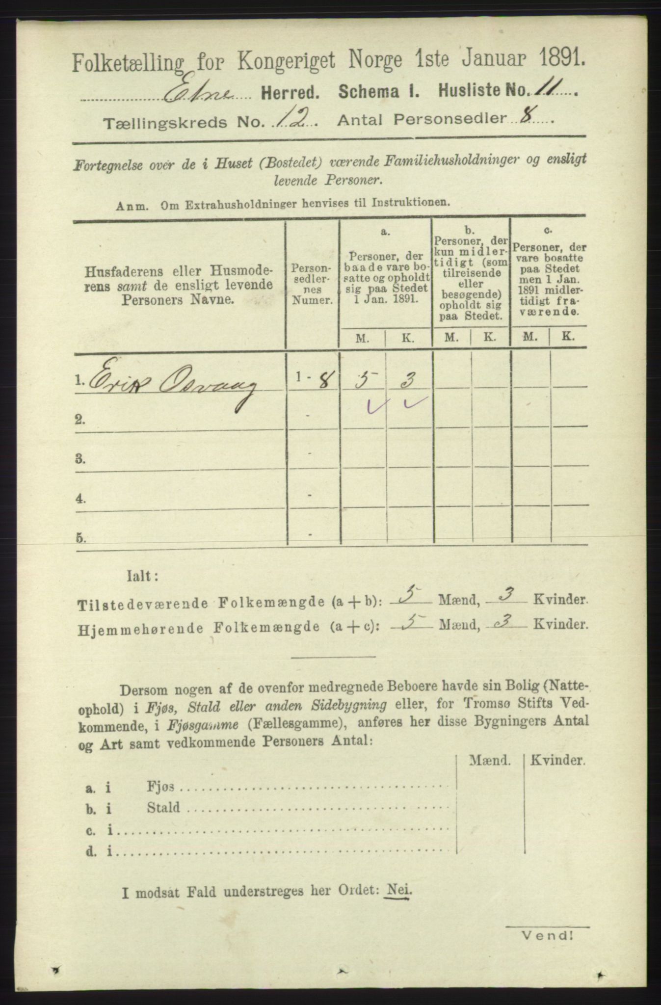 RA, 1891 census for 1211 Etne, 1891, p. 2538