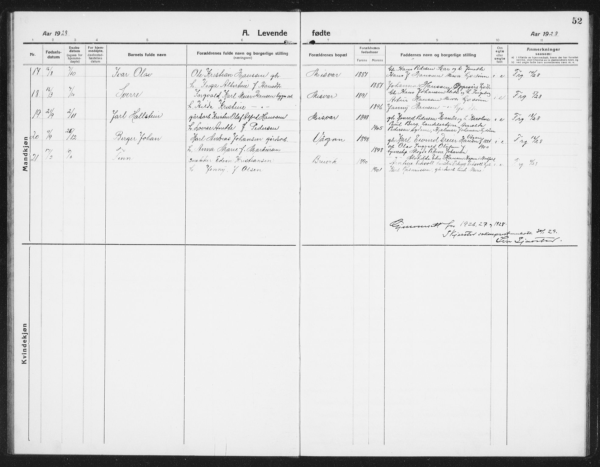 Ministerialprotokoller, klokkerbøker og fødselsregistre - Nordland, AV/SAT-A-1459/852/L0757: Parish register (copy) no. 852C08, 1916-1934, p. 52