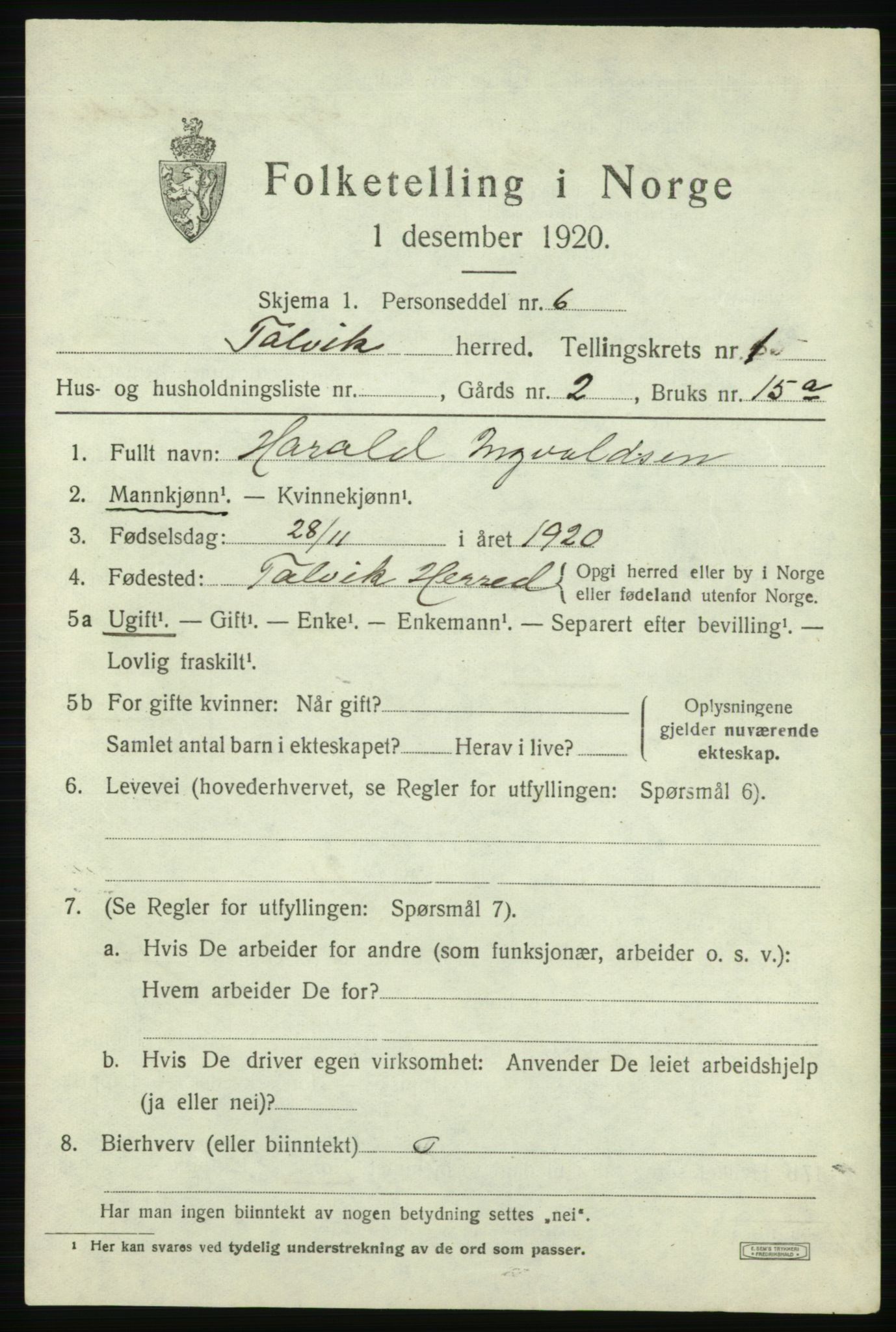 SATØ, 1920 census for Talvik, 1920, p. 1038