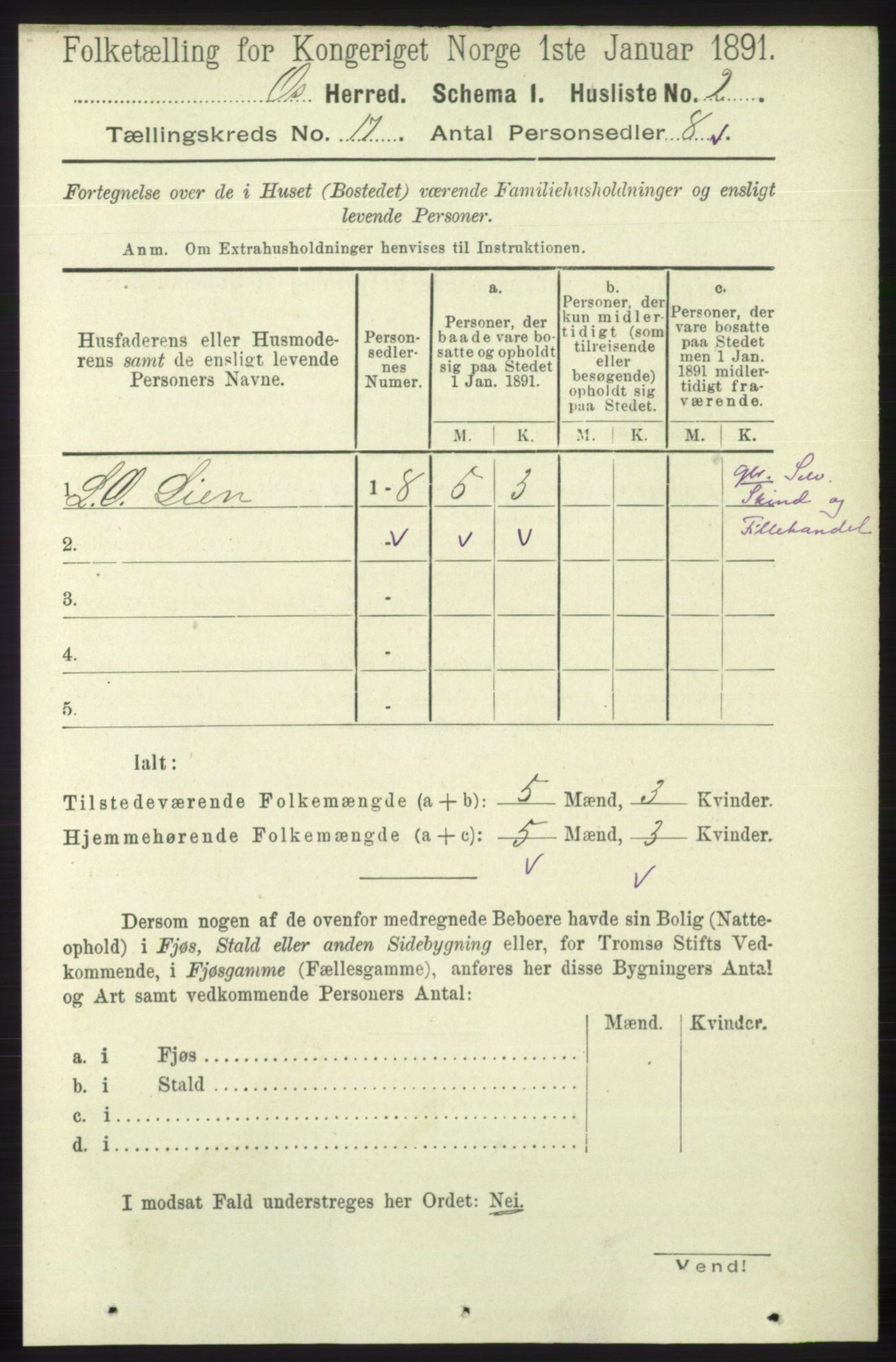 RA, 1891 census for 1243 Os, 1891, p. 3697