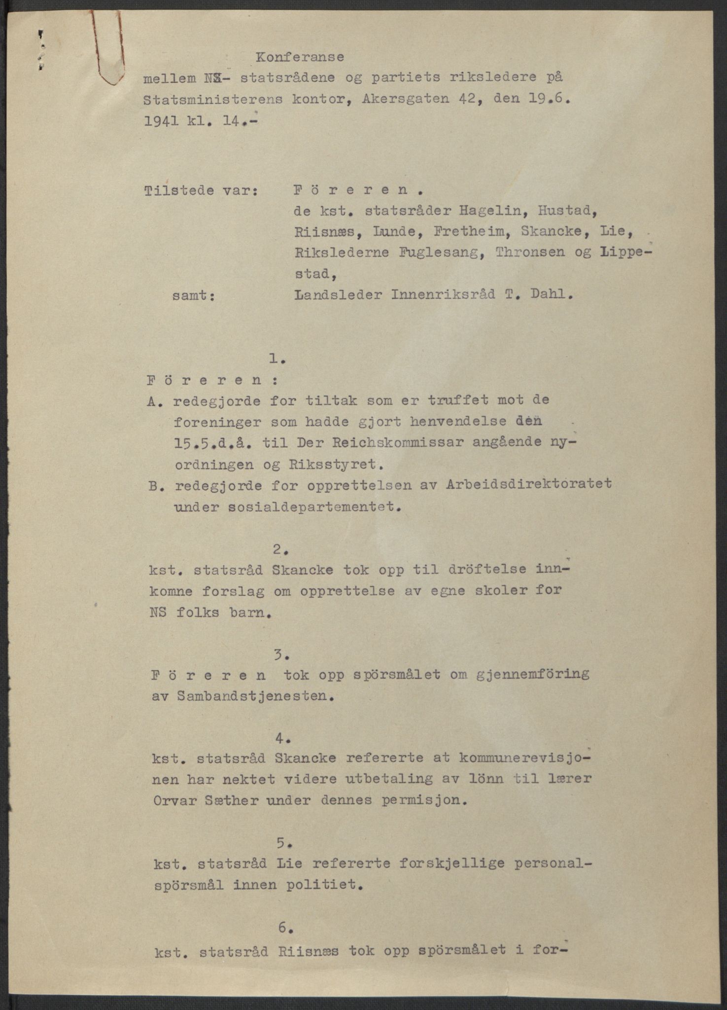 NS-administrasjonen 1940-1945 (Statsrådsekretariatet, de kommisariske statsråder mm), AV/RA-S-4279/D/Db/L0074: De kommisariske statsråder, 1940-1942