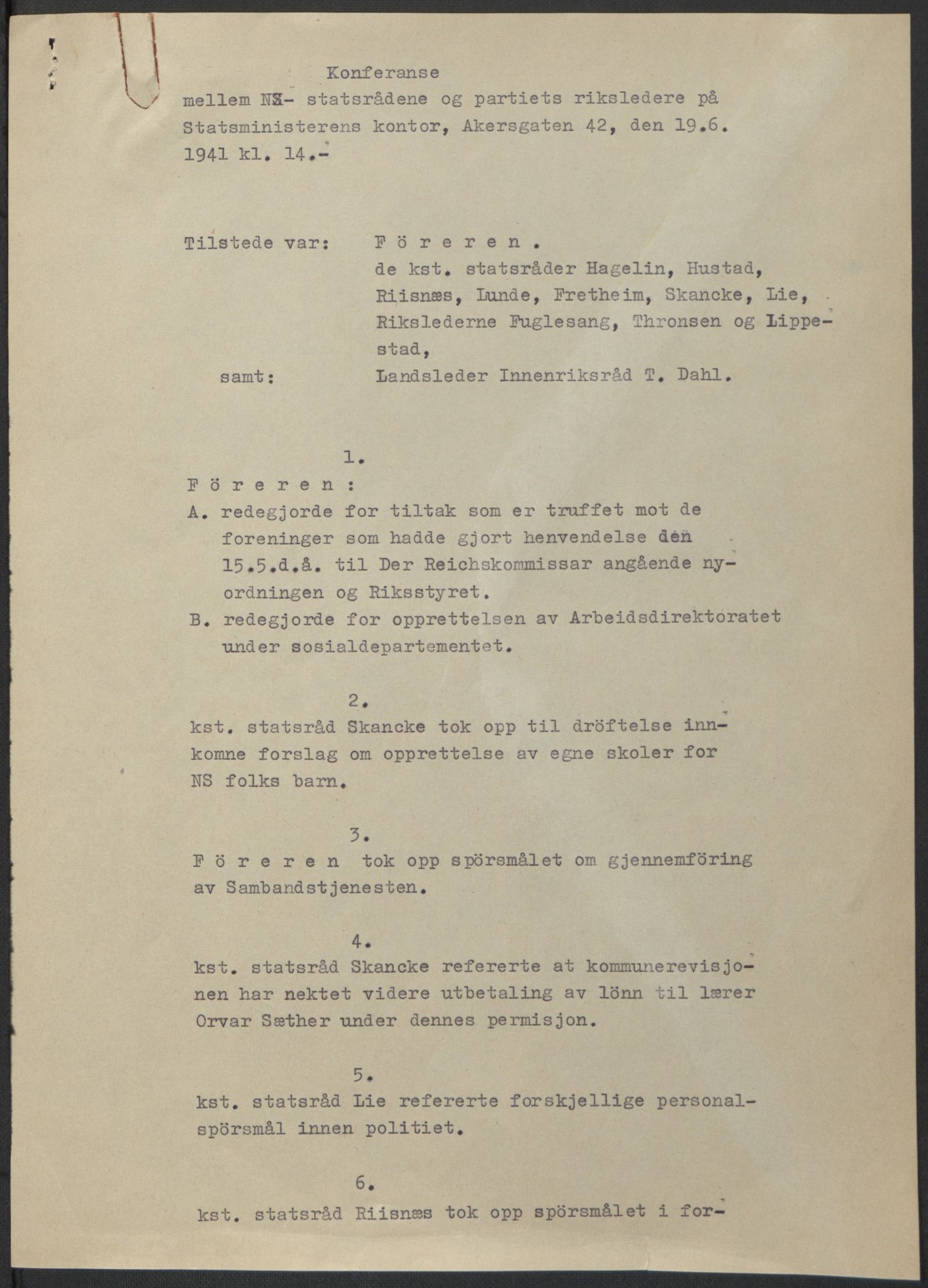 NS-administrasjonen 1940-1945 (Statsrådsekretariatet, de kommisariske statsråder mm), RA/S-4279/D/Db/L0074: De kommisariske statsråder, 1940-1942