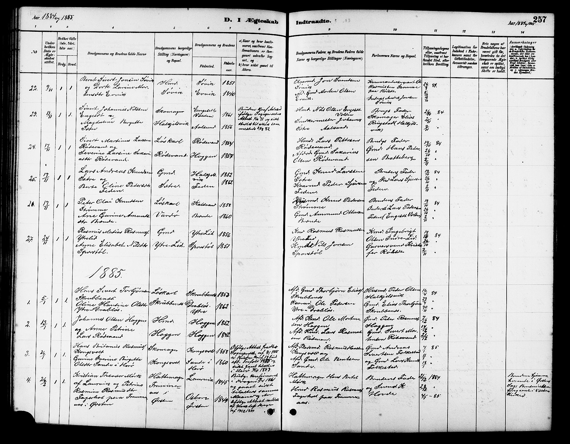 Ministerialprotokoller, klokkerbøker og fødselsregistre - Møre og Romsdal, SAT/A-1454/511/L0158: Parish register (copy) no. 511C04, 1884-1903, p. 257