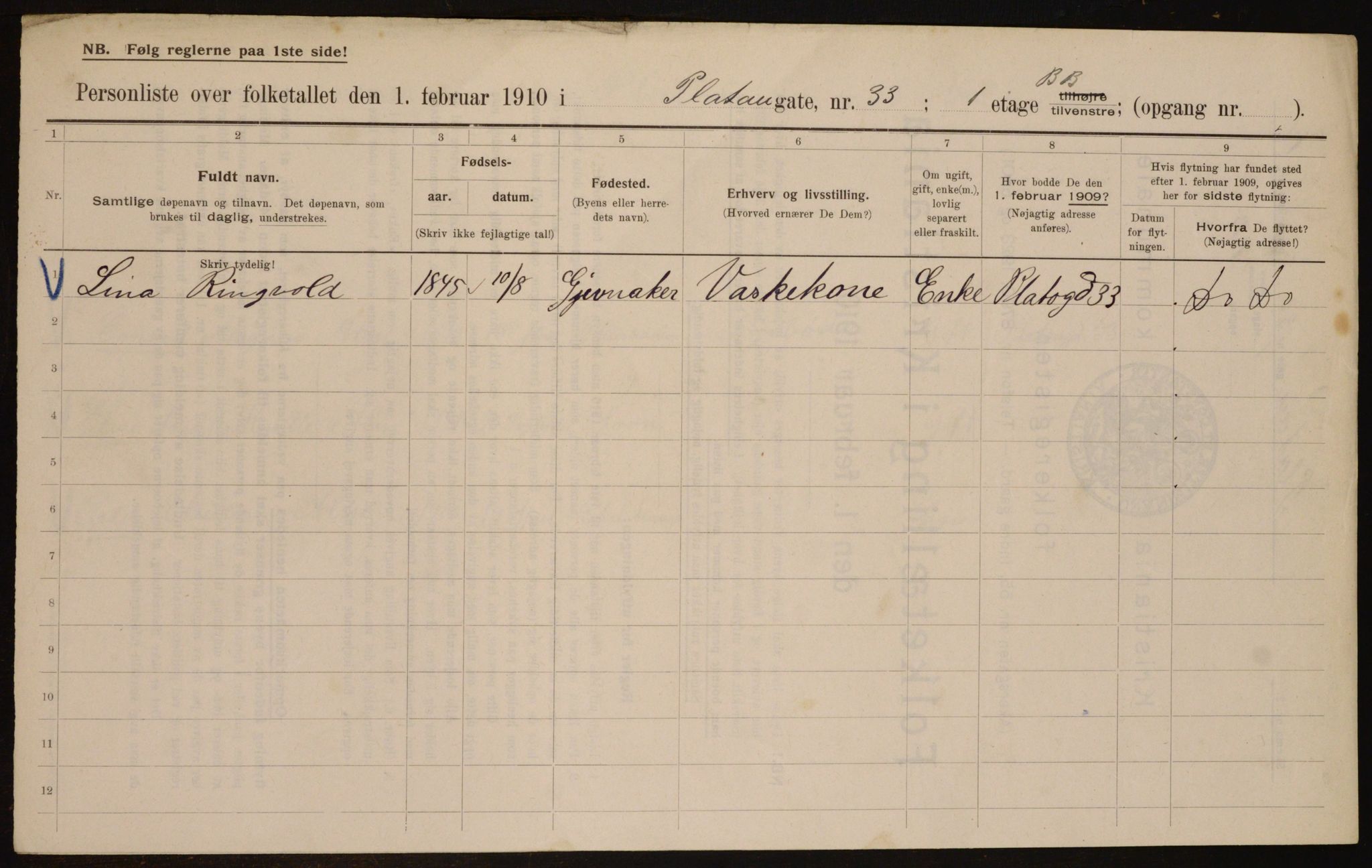 OBA, Municipal Census 1910 for Kristiania, 1910, p. 77598