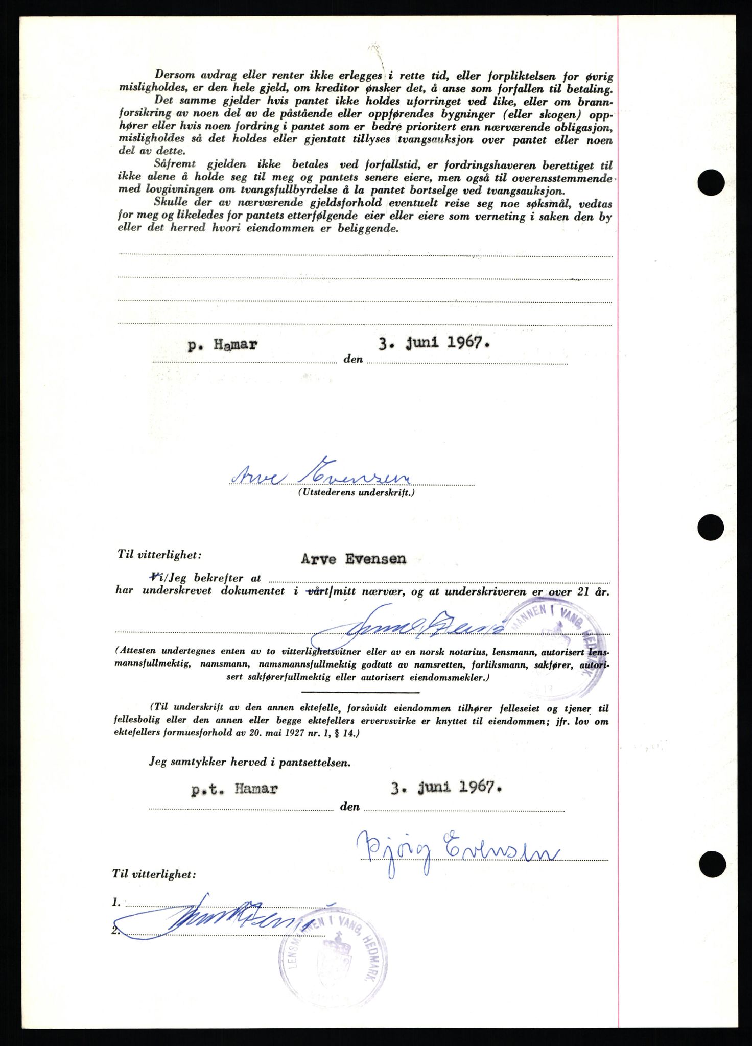 Nord-Hedmark sorenskriveri, SAH/TING-012/H/Hb/Hbf/L0071: Mortgage book no. B71, 1967-1967, Diary no: : 2461/1967