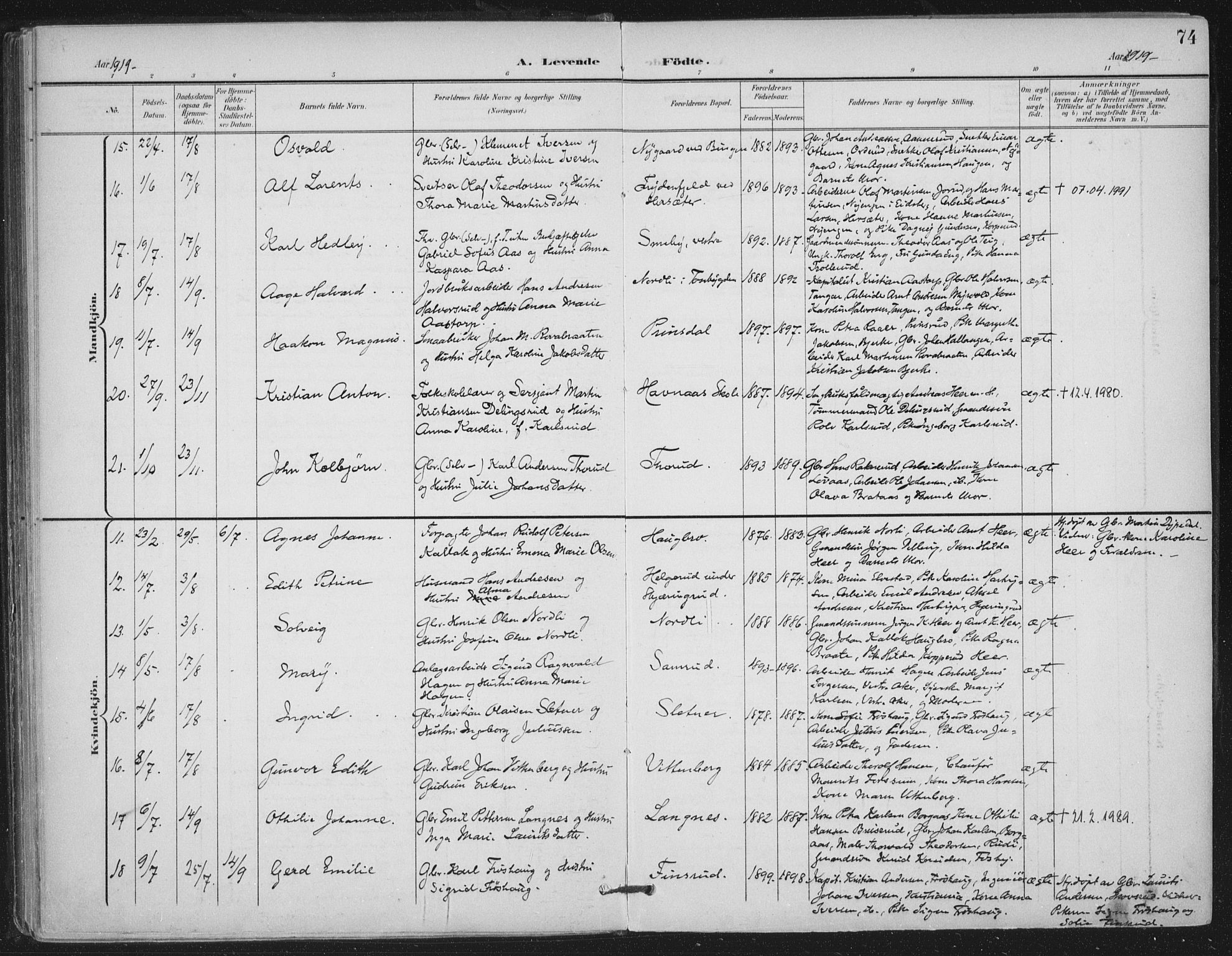 Trøgstad prestekontor Kirkebøker, AV/SAO-A-10925/F/Fa/L0011: Parish register (official) no. I 11, 1899-1919, p. 74