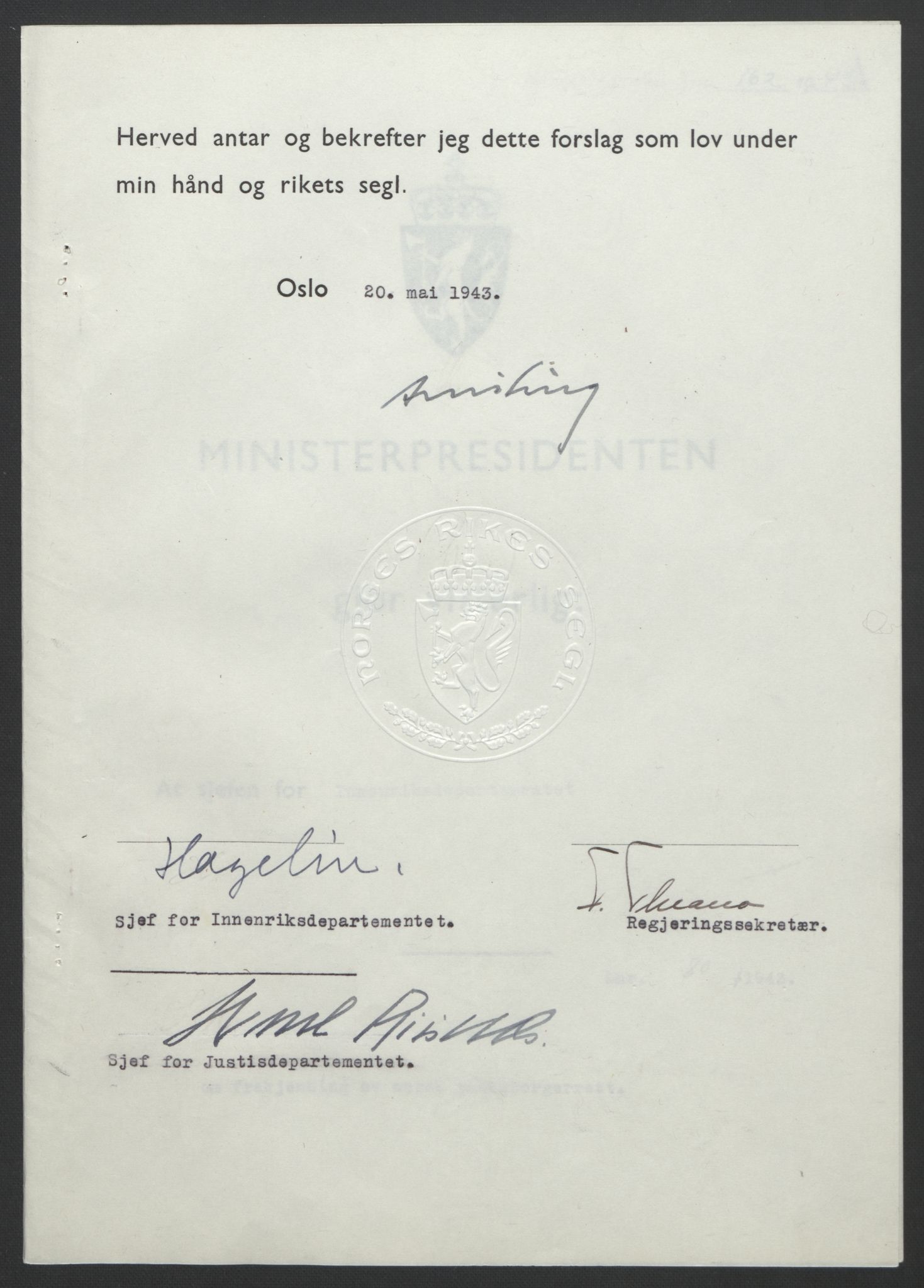 NS-administrasjonen 1940-1945 (Statsrådsekretariatet, de kommisariske statsråder mm), RA/S-4279/D/Db/L0099: Lover, 1943, p. 369