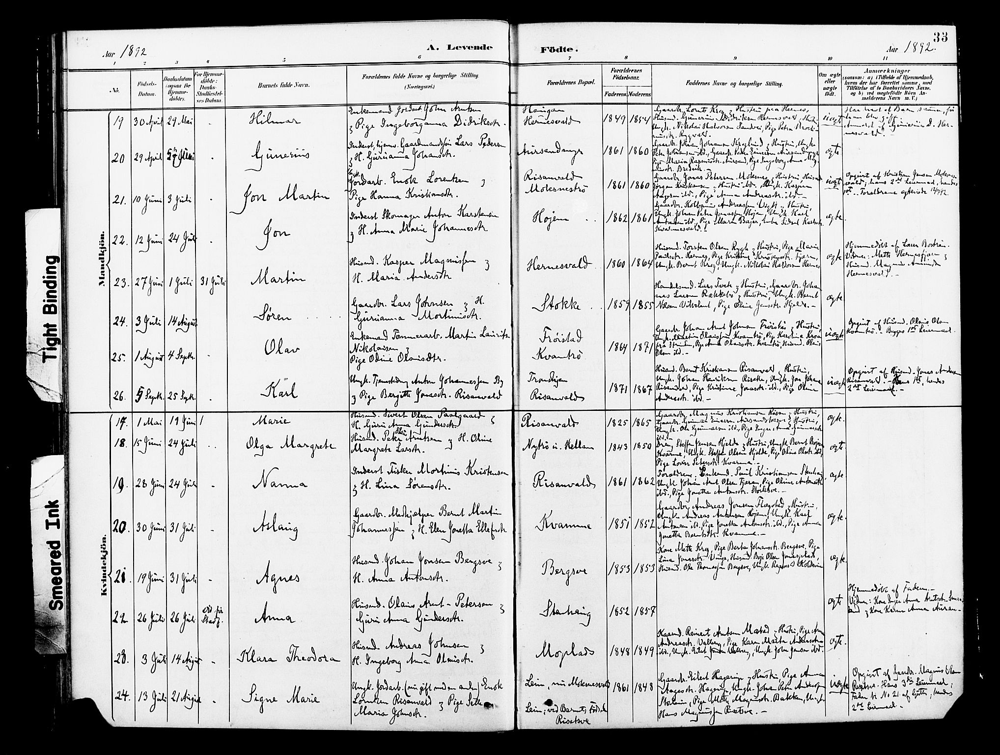 Ministerialprotokoller, klokkerbøker og fødselsregistre - Nord-Trøndelag, SAT/A-1458/713/L0121: Parish register (official) no. 713A10, 1888-1898, p. 33