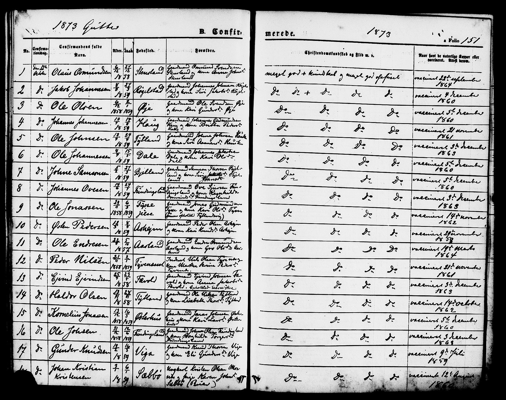 Hjelmeland sokneprestkontor, SAST/A-101843/01/IV/L0011: Parish register (official) no. A 11, 1861-1878, p. 151