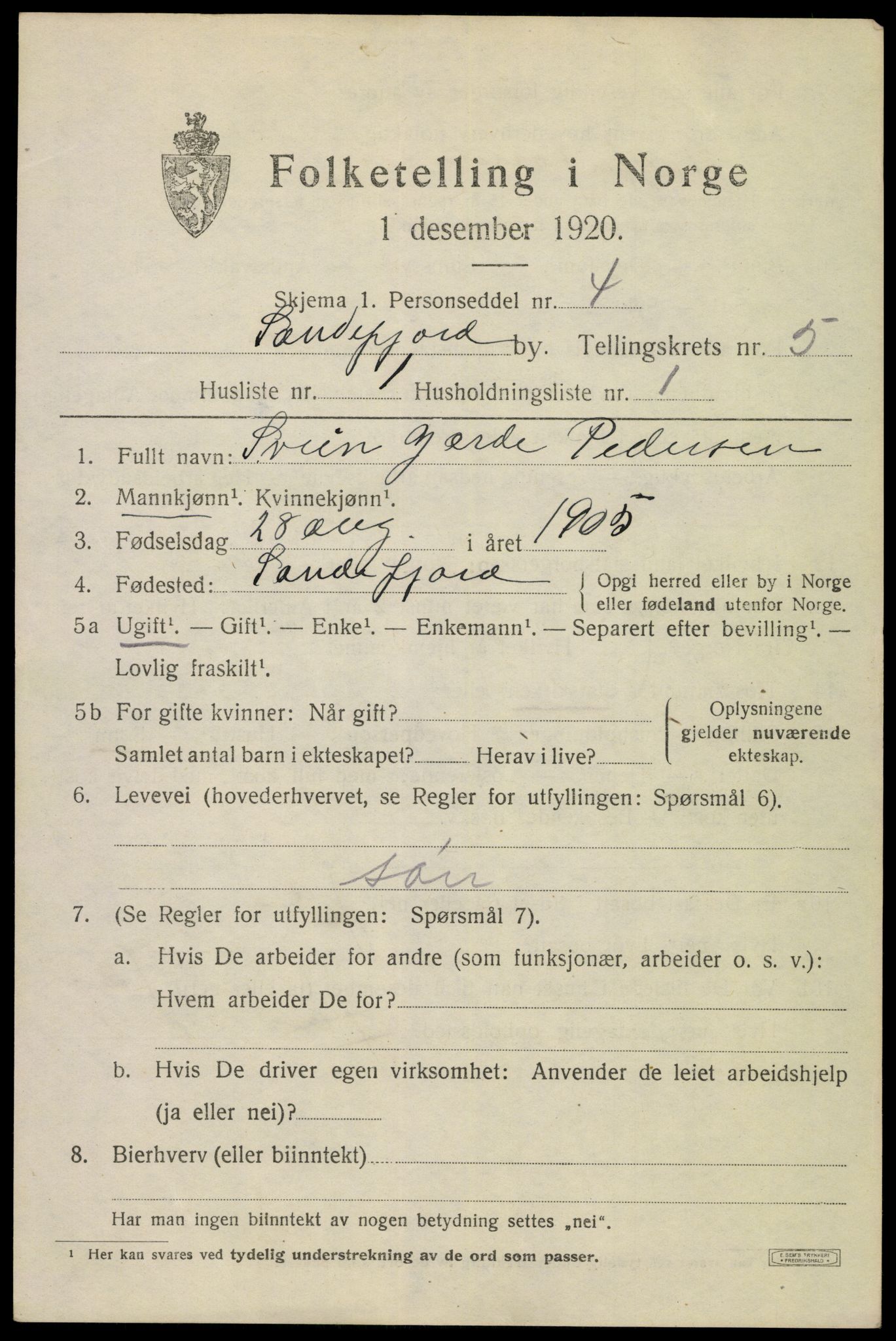 SAKO, 1920 census for Sandefjord, 1920, p. 8422