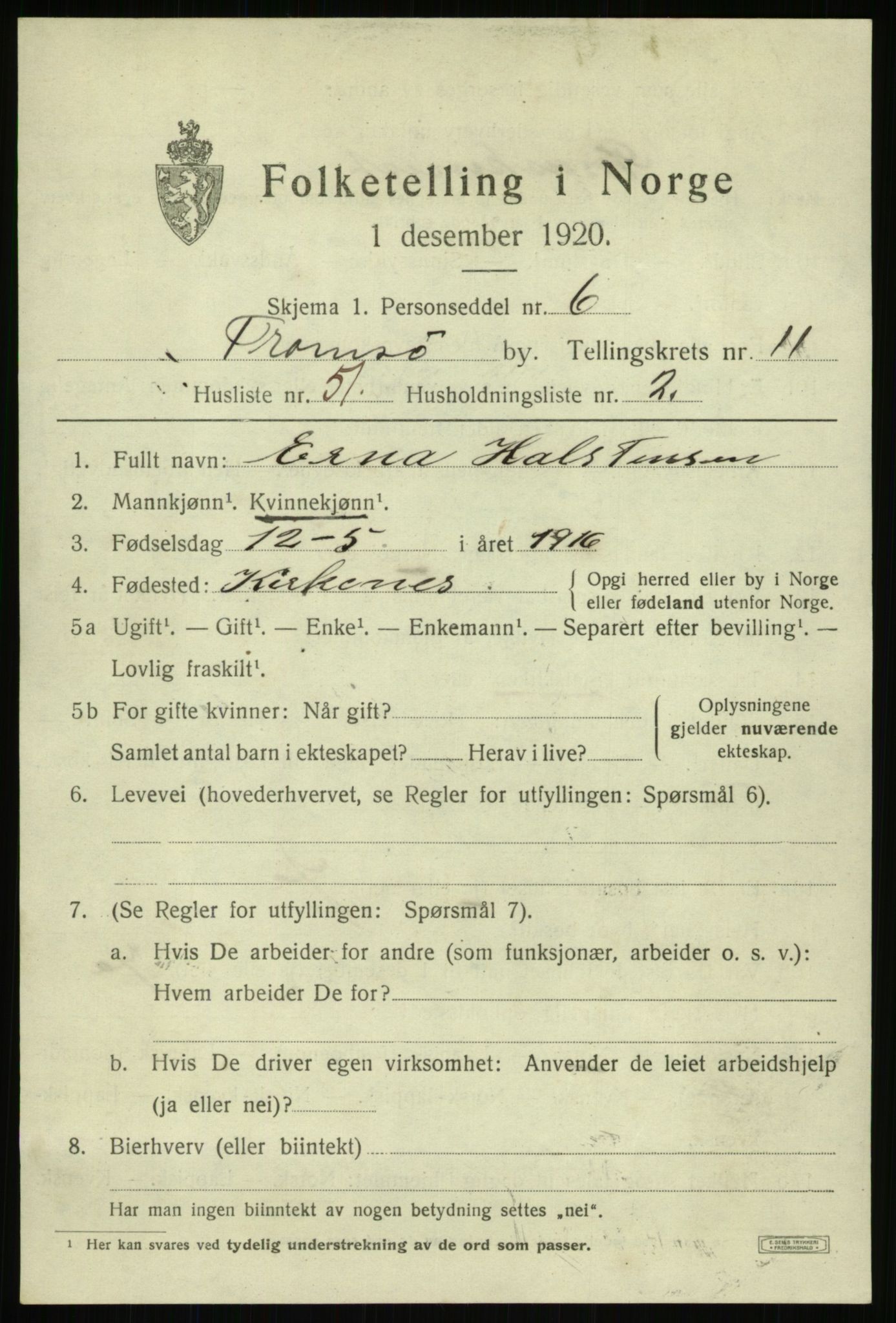 SATØ, 1920 census for Tromsø, 1920, p. 23047