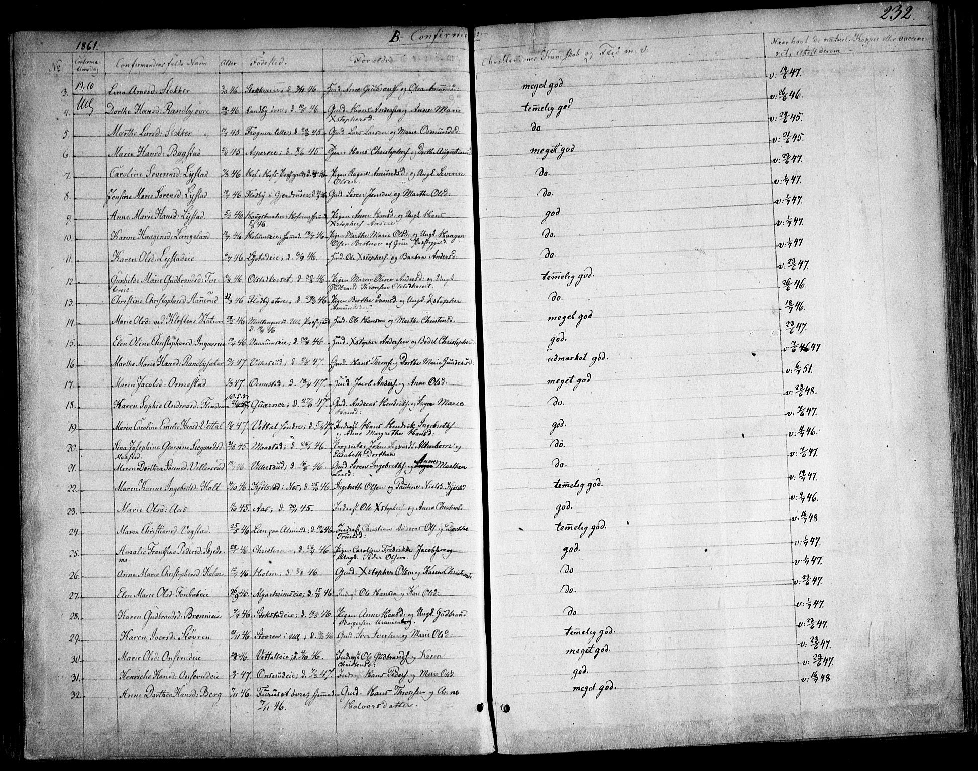 Ullensaker prestekontor Kirkebøker, AV/SAO-A-10236a/F/Fa/L0015.a: Parish register (official) no. I 15A, 1851-1862, p. 232