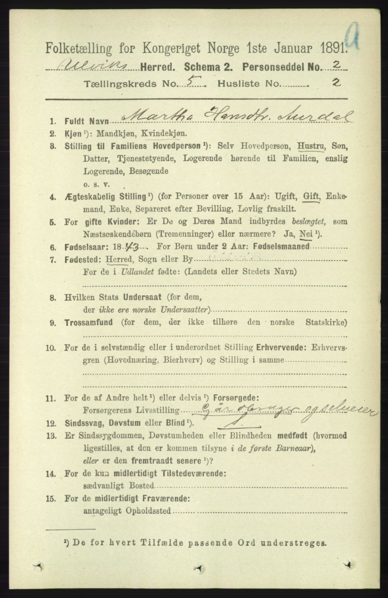 RA, 1891 census for 1233 Ulvik, 1891, p. 1407