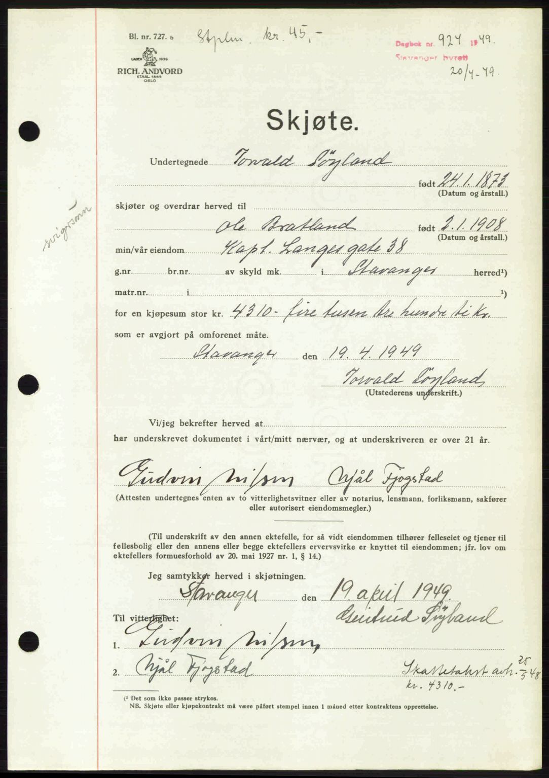 Stavanger byrett, SAST/A-100455/002/G/Gb/L0023: Mortgage book no. A12, 1948-1949, Diary no: : 924/1949