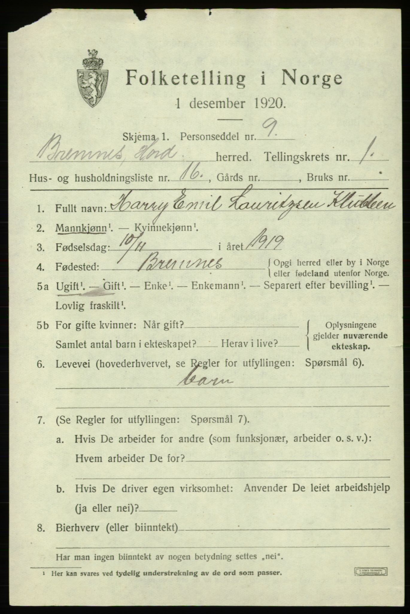 SAB, 1920 census for Bremnes, 1920, p. 1288