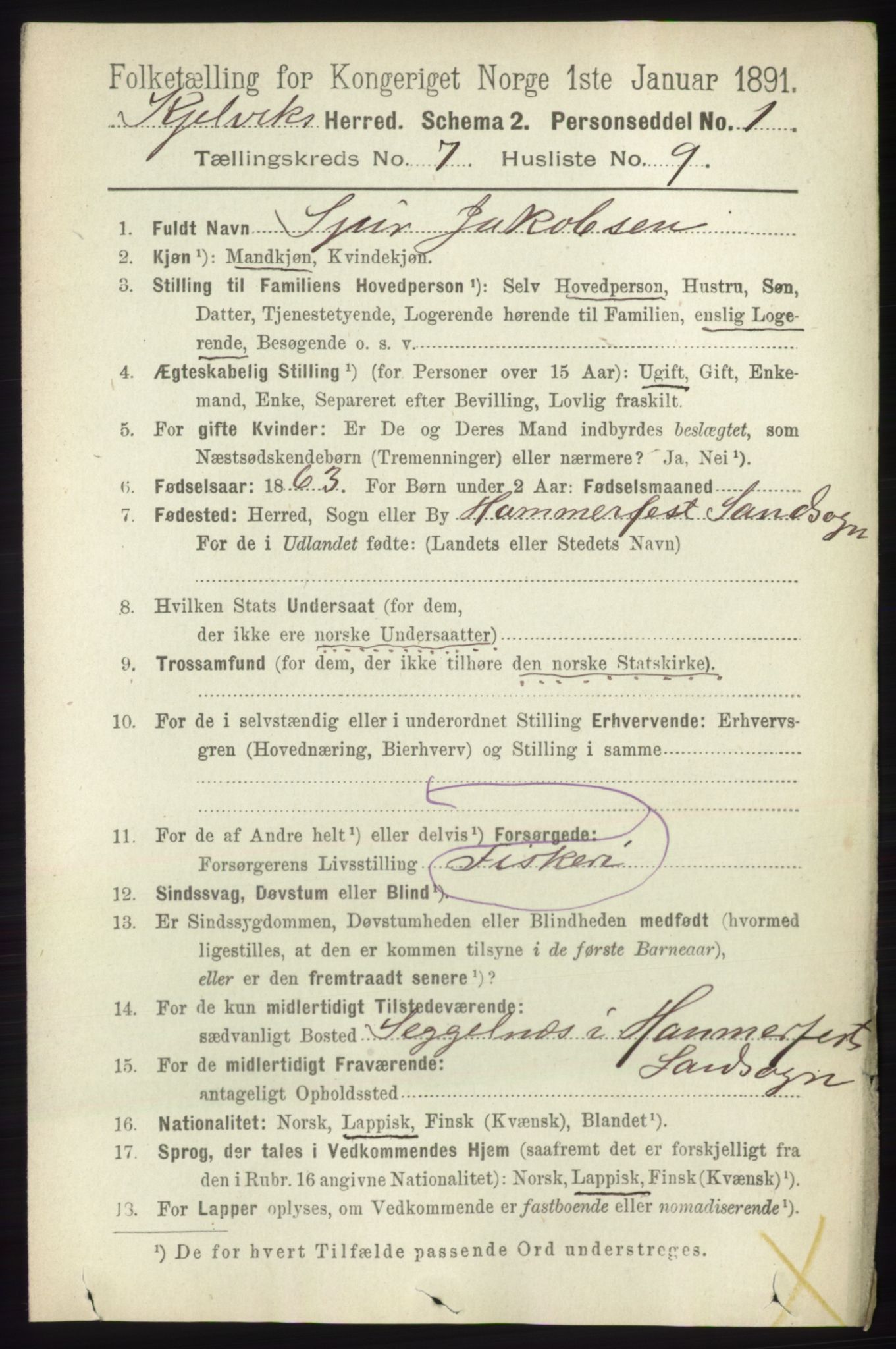 RA, 1891 census for 2019 Kjelvik, 1891, p. 952