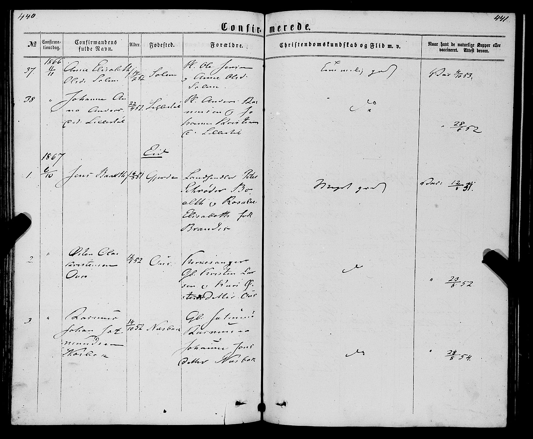 Eid sokneprestembete, SAB/A-82301/H/Haa/Haaa/L0009: Parish register (official) no. A 9, 1861-1868, p. 440-441