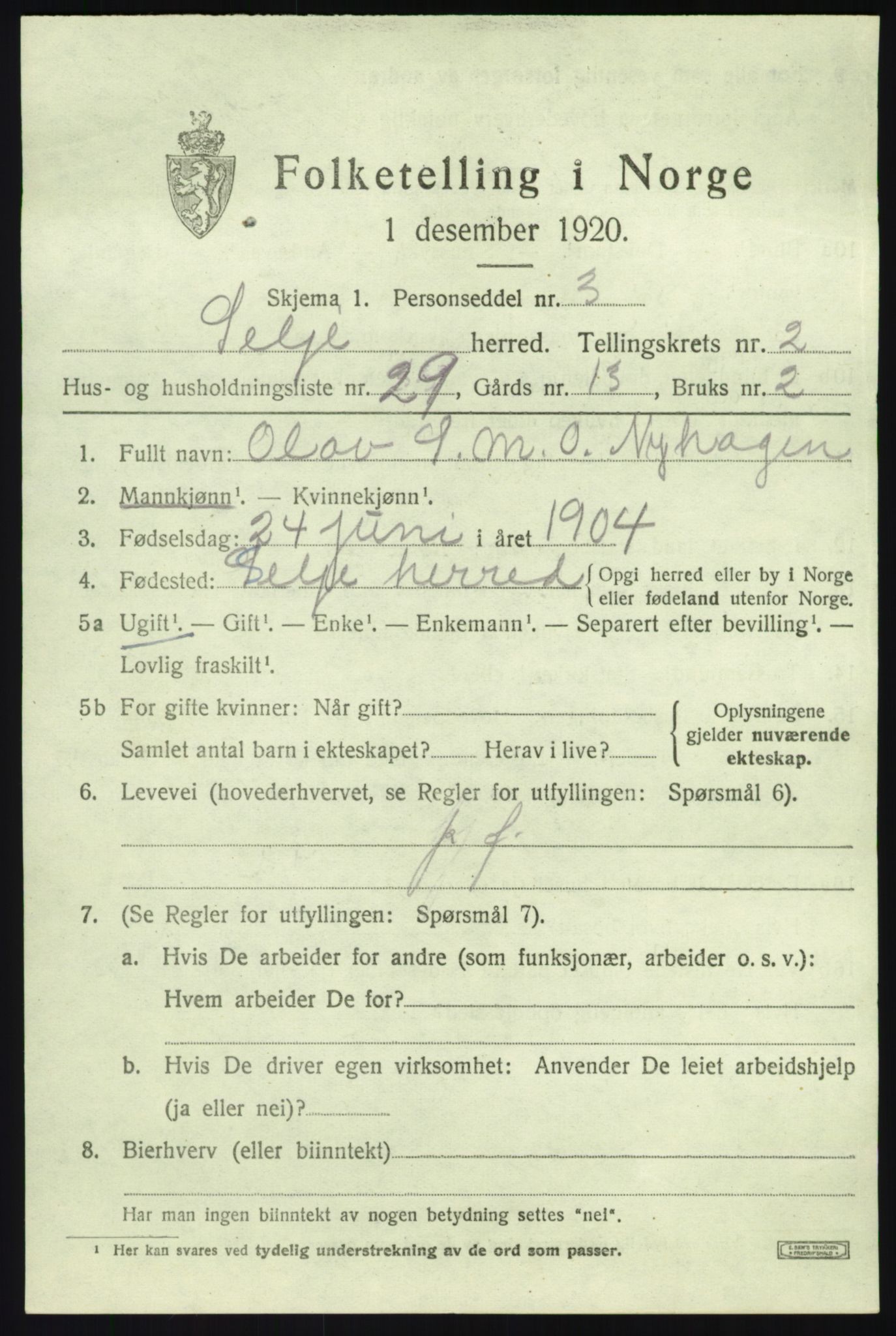 SAB, 1920 census for Selje, 1920, p. 1873