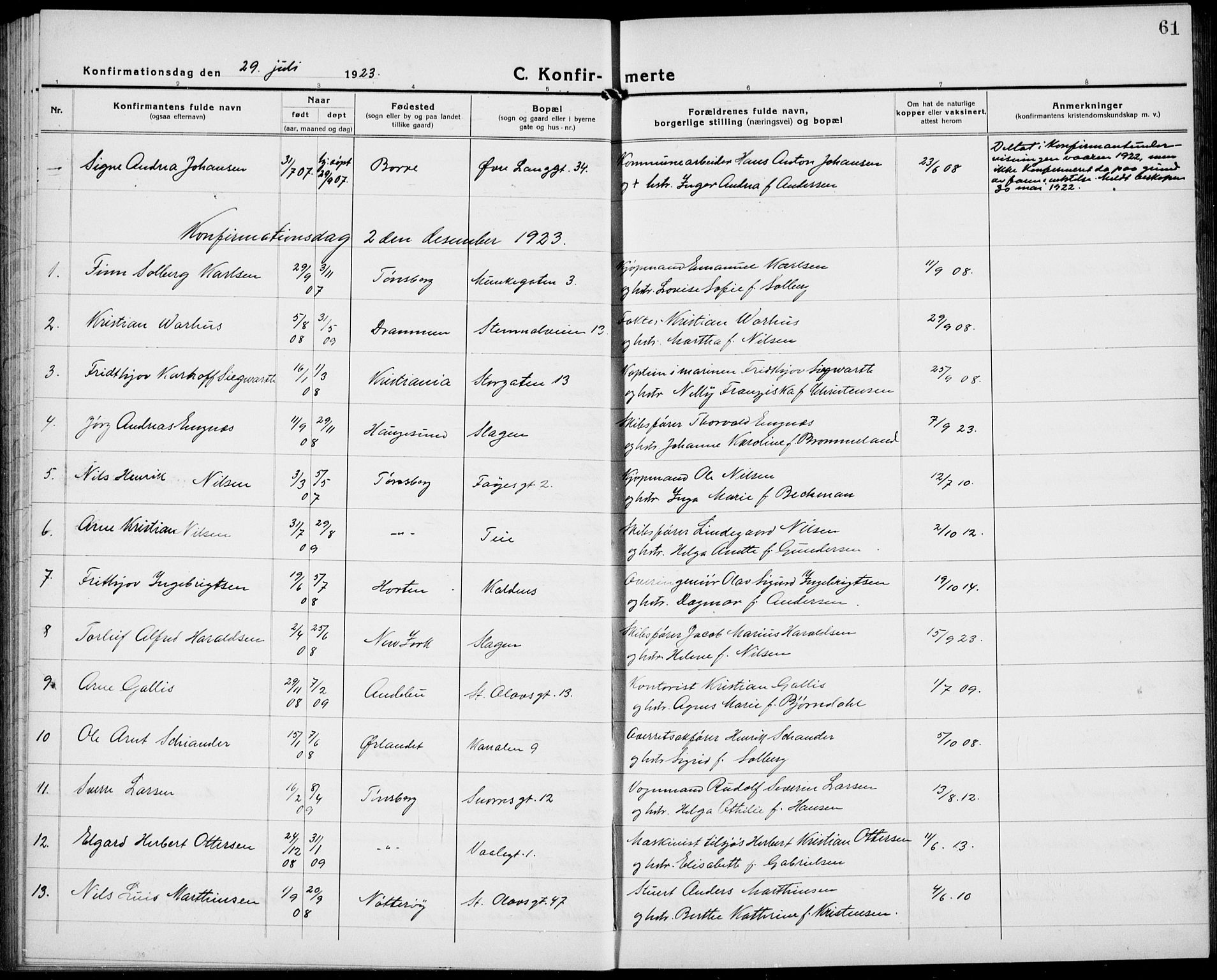 Tønsberg kirkebøker, AV/SAKO-A-330/G/Ga/L0013: Parish register (copy) no. 13, 1920-1929, p. 61