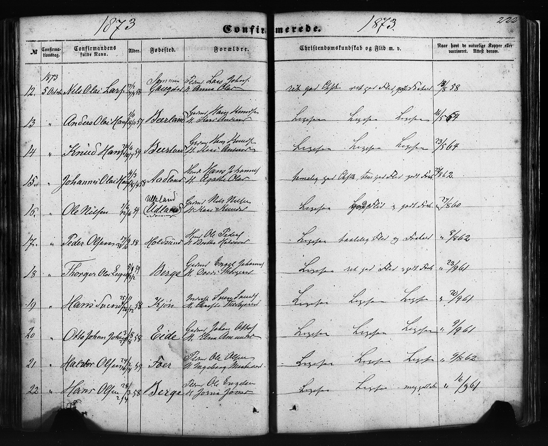 Fusa sokneprestembete, AV/SAB-A-75401/H/Haa: Parish register (official) no. A 1I, 1855-1879, p. 222