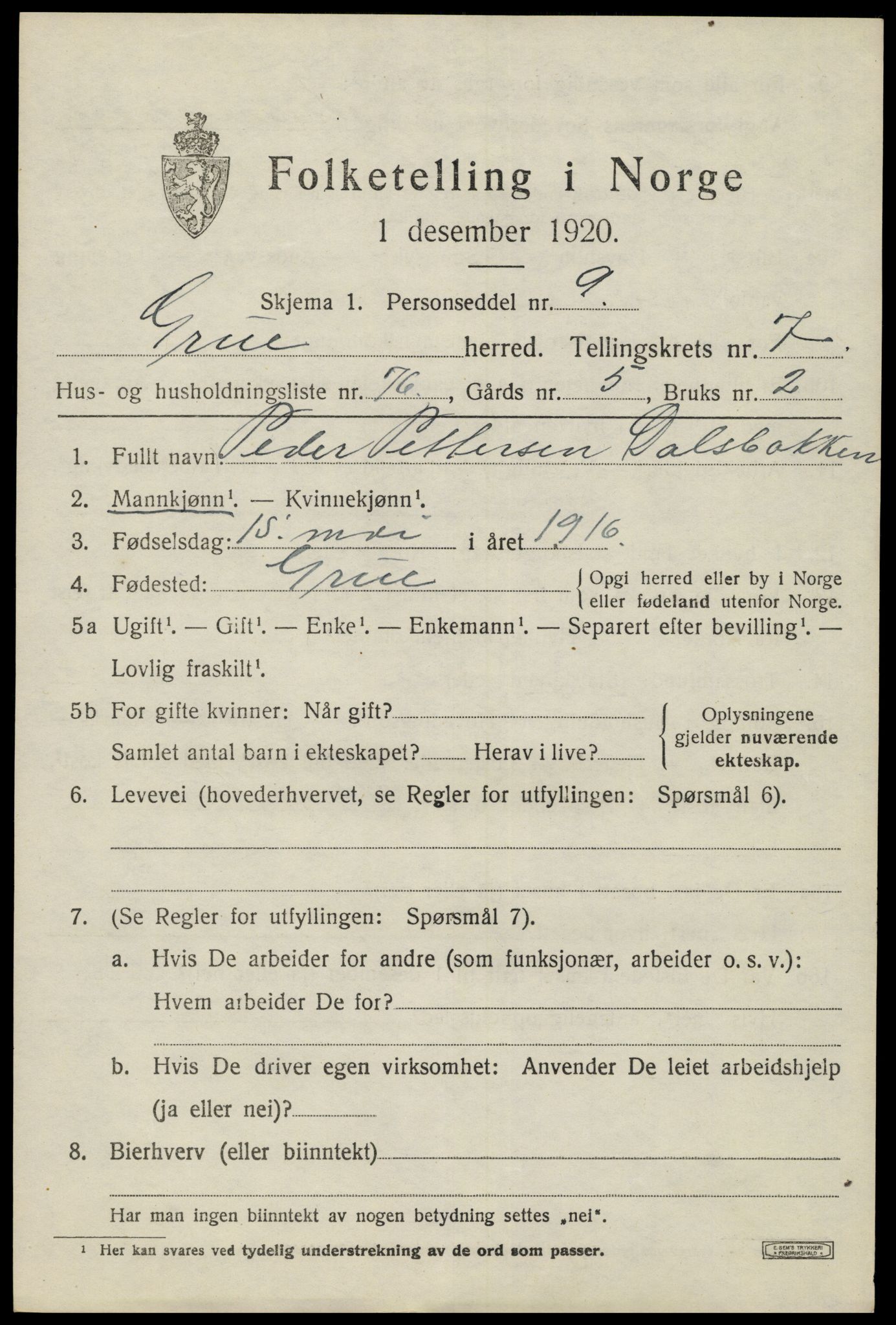 SAH, 1920 census for Grue, 1920, p. 6943