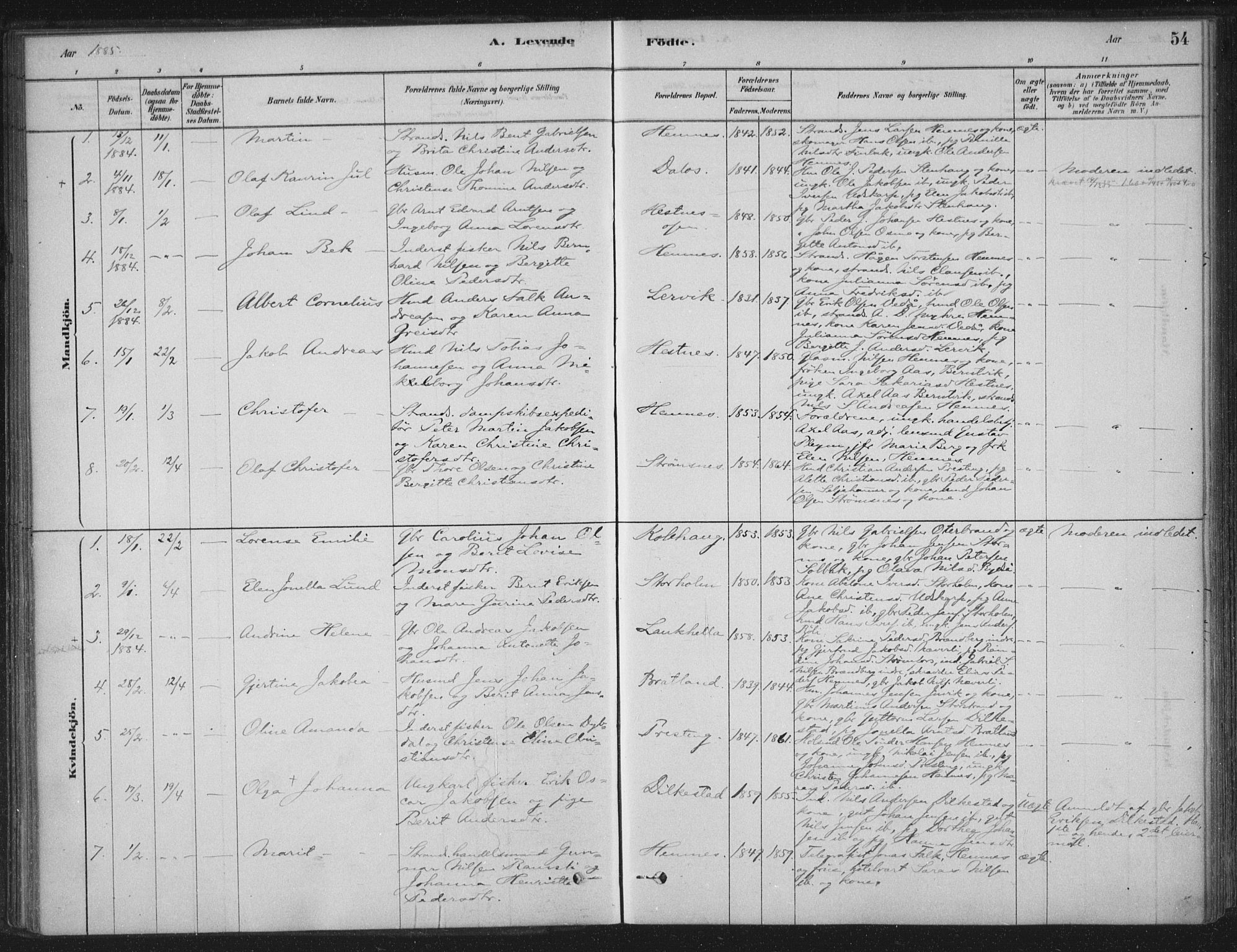 Ministerialprotokoller, klokkerbøker og fødselsregistre - Nordland, AV/SAT-A-1459/825/L0361: Parish register (official) no. 825A15, 1878-1893, p. 54