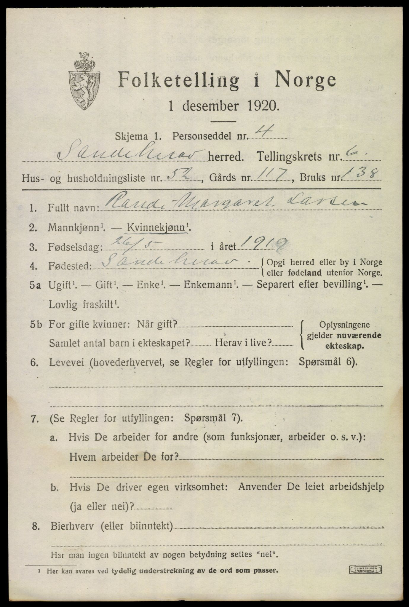 SAKO, 1920 census for Sandeherred, 1920, p. 10274
