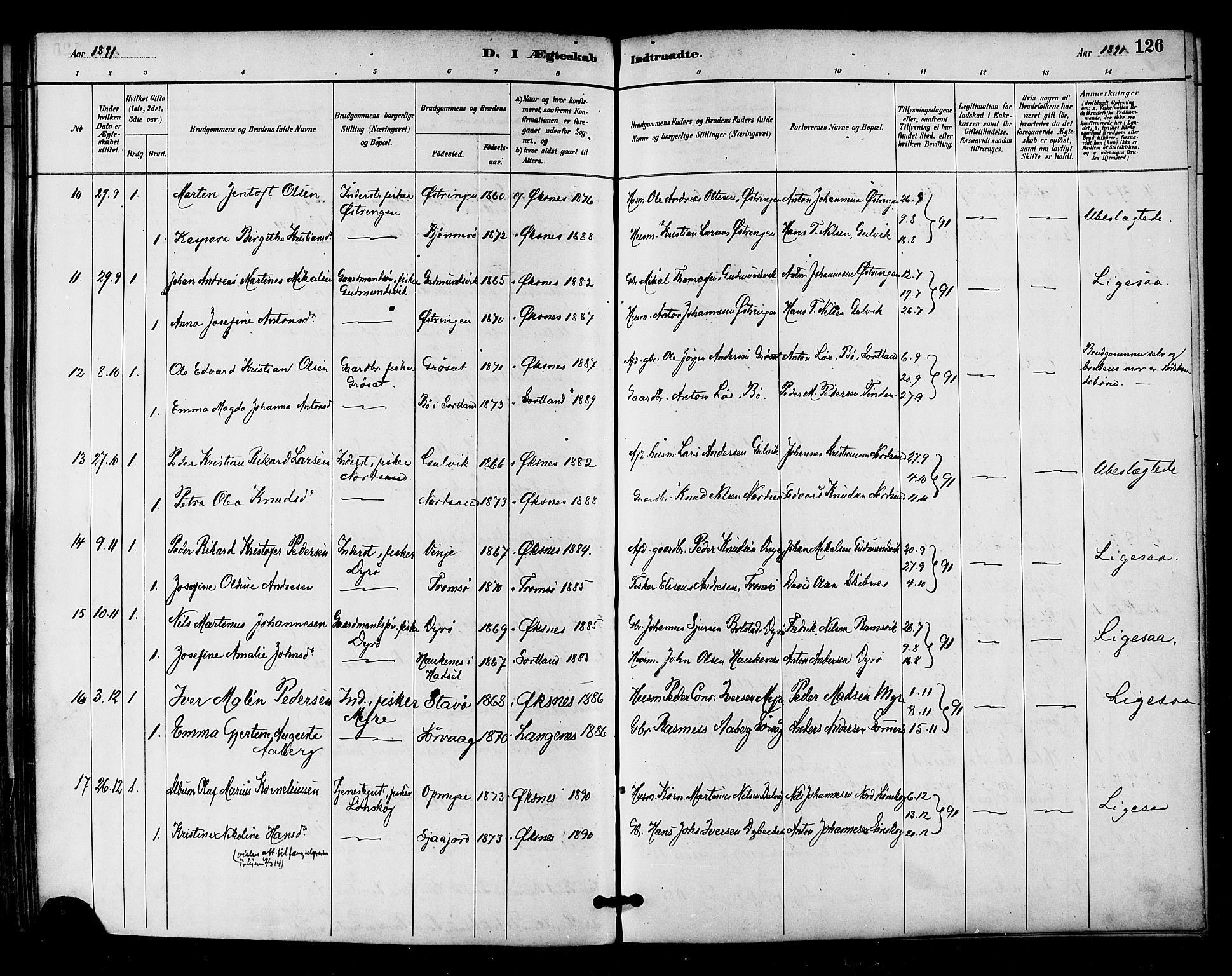 Ministerialprotokoller, klokkerbøker og fødselsregistre - Nordland, AV/SAT-A-1459/893/L1337: Parish register (official) no. 893A09, 1885-1893, p. 126