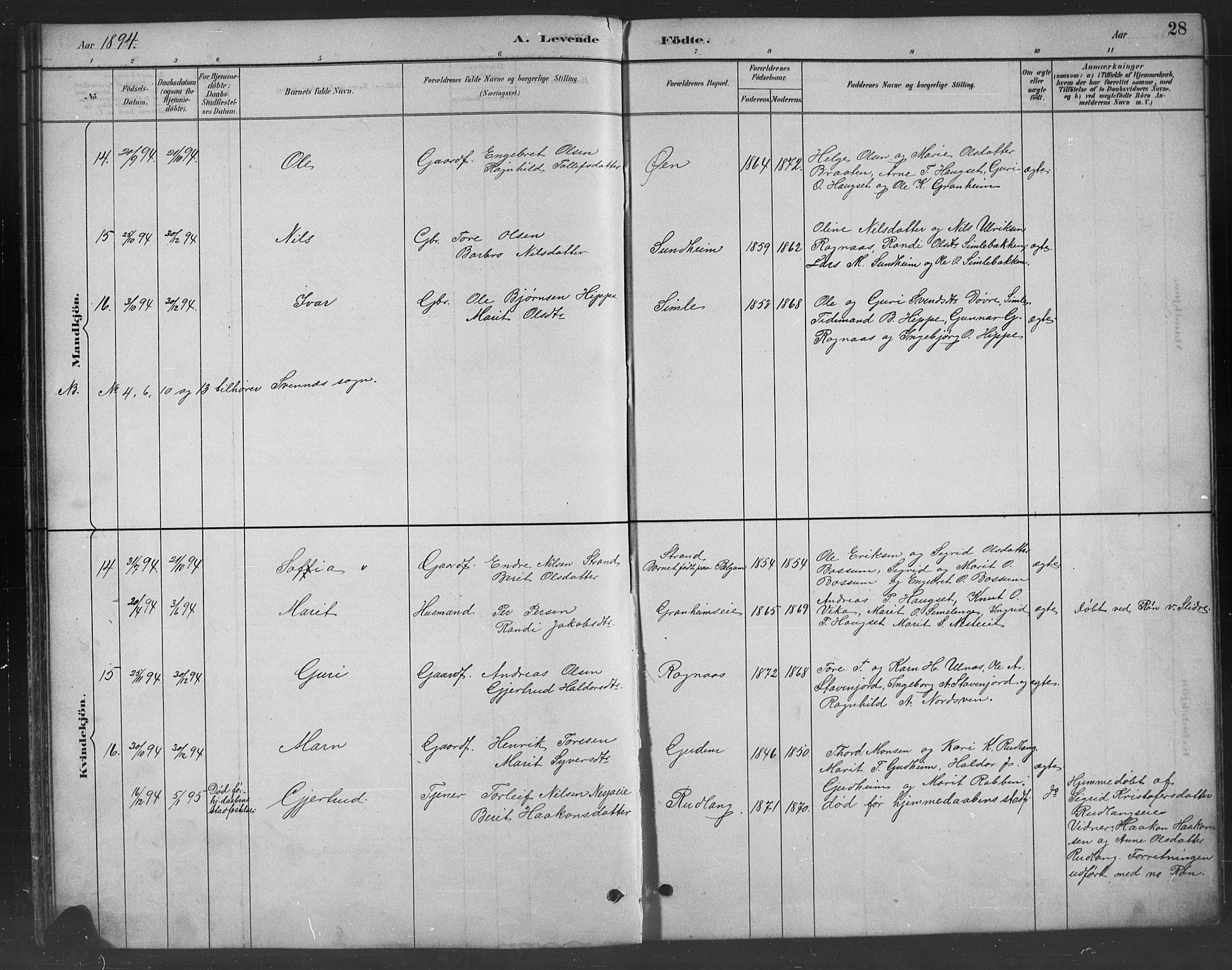 Nord-Aurdal prestekontor, AV/SAH-PREST-132/H/Ha/Hab/L0008: Parish register (copy) no. 8, 1883-1916, p. 28