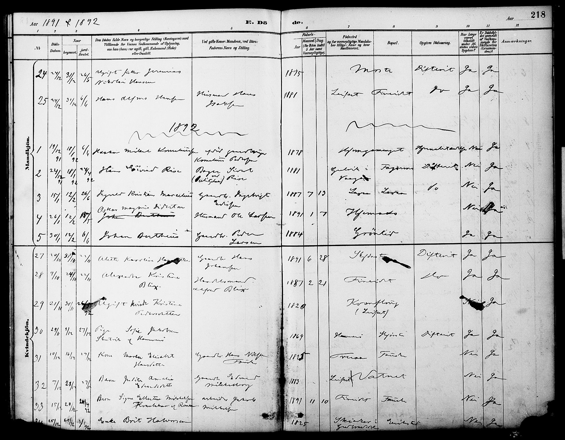 Ministerialprotokoller, klokkerbøker og fødselsregistre - Nordland, AV/SAT-A-1459/849/L0690: Parish register (official) no. 849A02, 1890-1897, p. 218