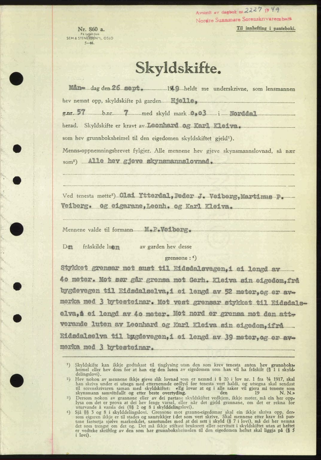 Nordre Sunnmøre sorenskriveri, AV/SAT-A-0006/1/2/2C/2Ca: Mortgage book no. A32, 1949-1949, Diary no: : 2227/1949