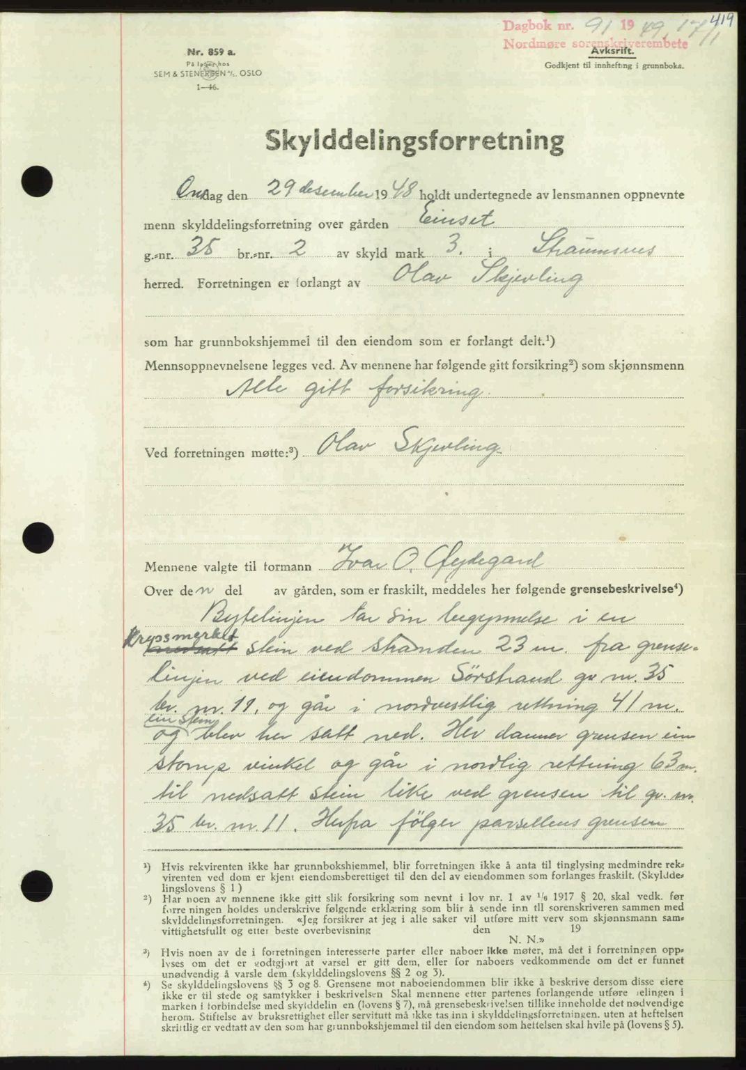 Nordmøre sorenskriveri, AV/SAT-A-4132/1/2/2Ca: Mortgage book no. A110, 1948-1949, Diary no: : 91/1949