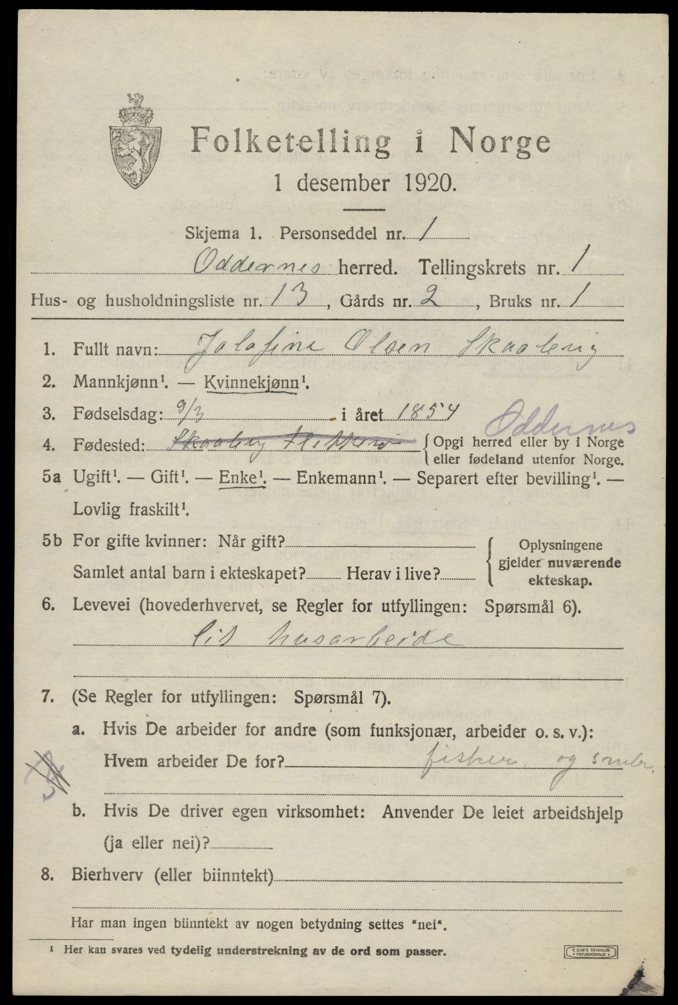 SAK, 1920 census for Oddernes, 1920, p. 2175