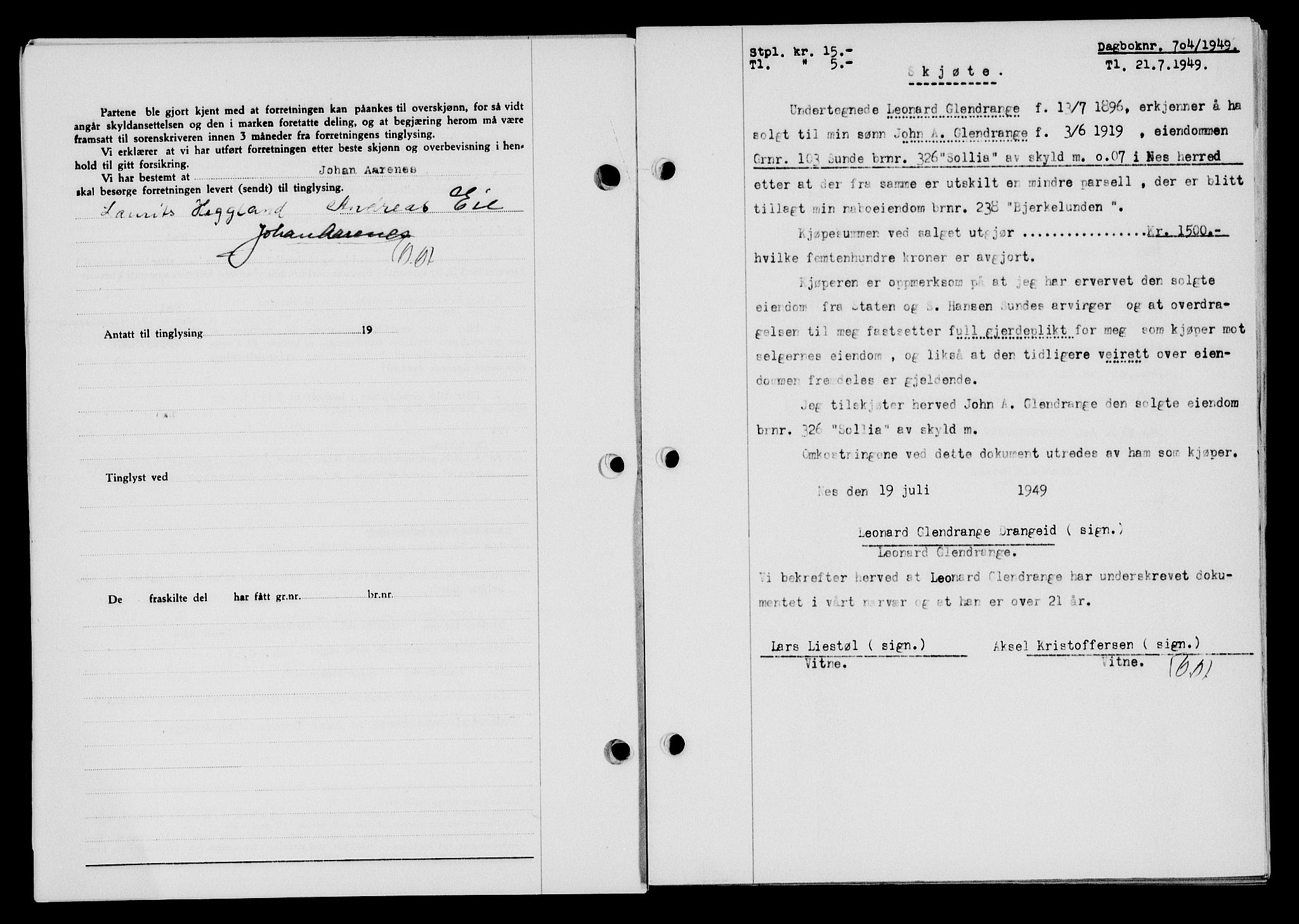 Flekkefjord sorenskriveri, SAK/1221-0001/G/Gb/Gba/L0065: Mortgage book no. A-13, 1949-1949, Diary no: : 704/1949