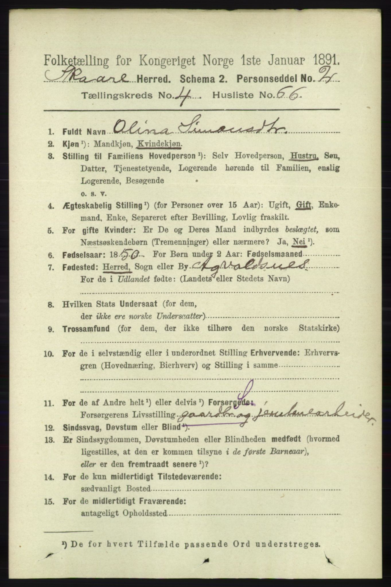 RA, 1891 census for 1153 Skåre, 1891, p. 2106